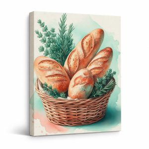 Fresh Bread & Herbs Watercolor Framed Canvas Wall Art - Ready to Hang