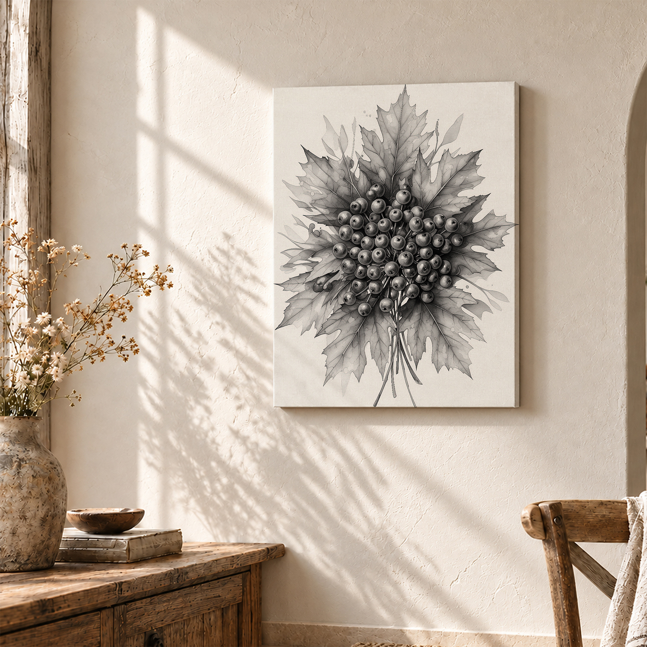 Maple Leaf & Berry Monochrome Framed Canvas Wall Art - Ready to Hang - Image 3