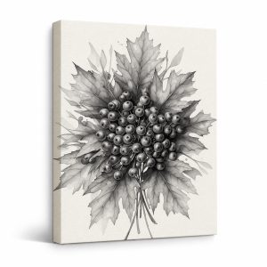 Maple Leaf & Berry Monochrome Framed Canvas Wall Art - Ready to Hang