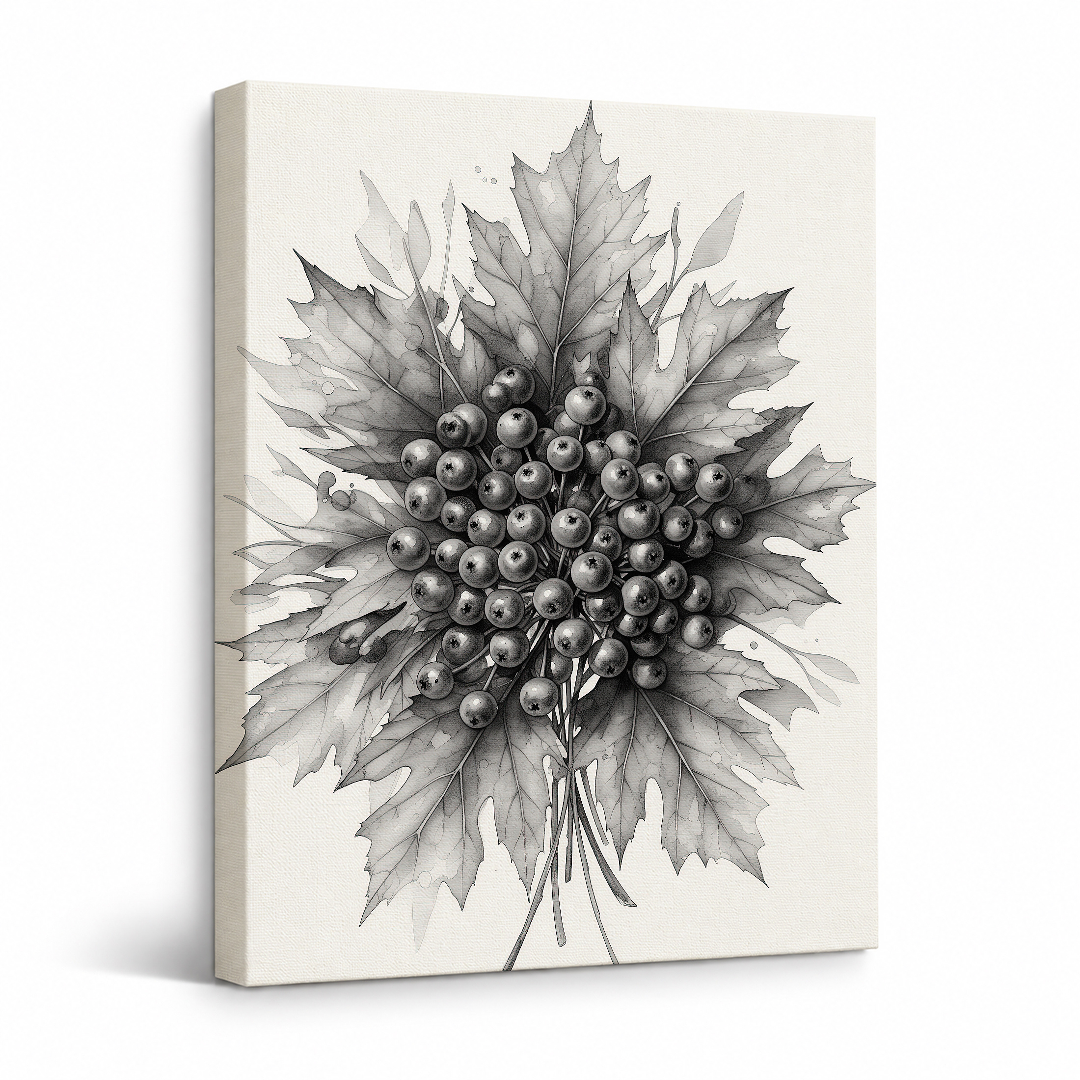 Maple Leaf & Berry Monochrome Framed Canvas Wall Art - Ready to Hang