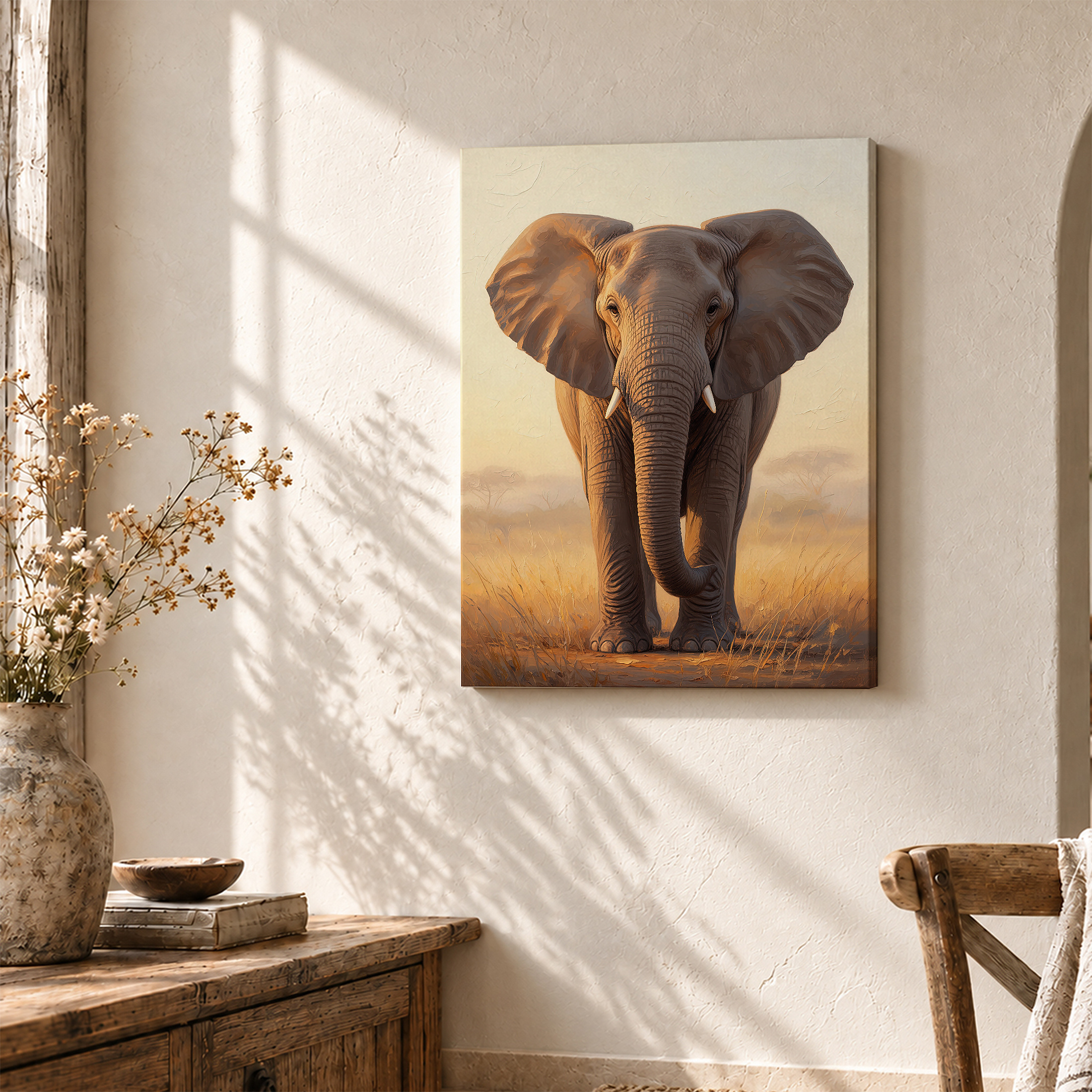 Savanna Elephant Sunset Framed Canvas Wall Art - Ready to Hang - Image 3