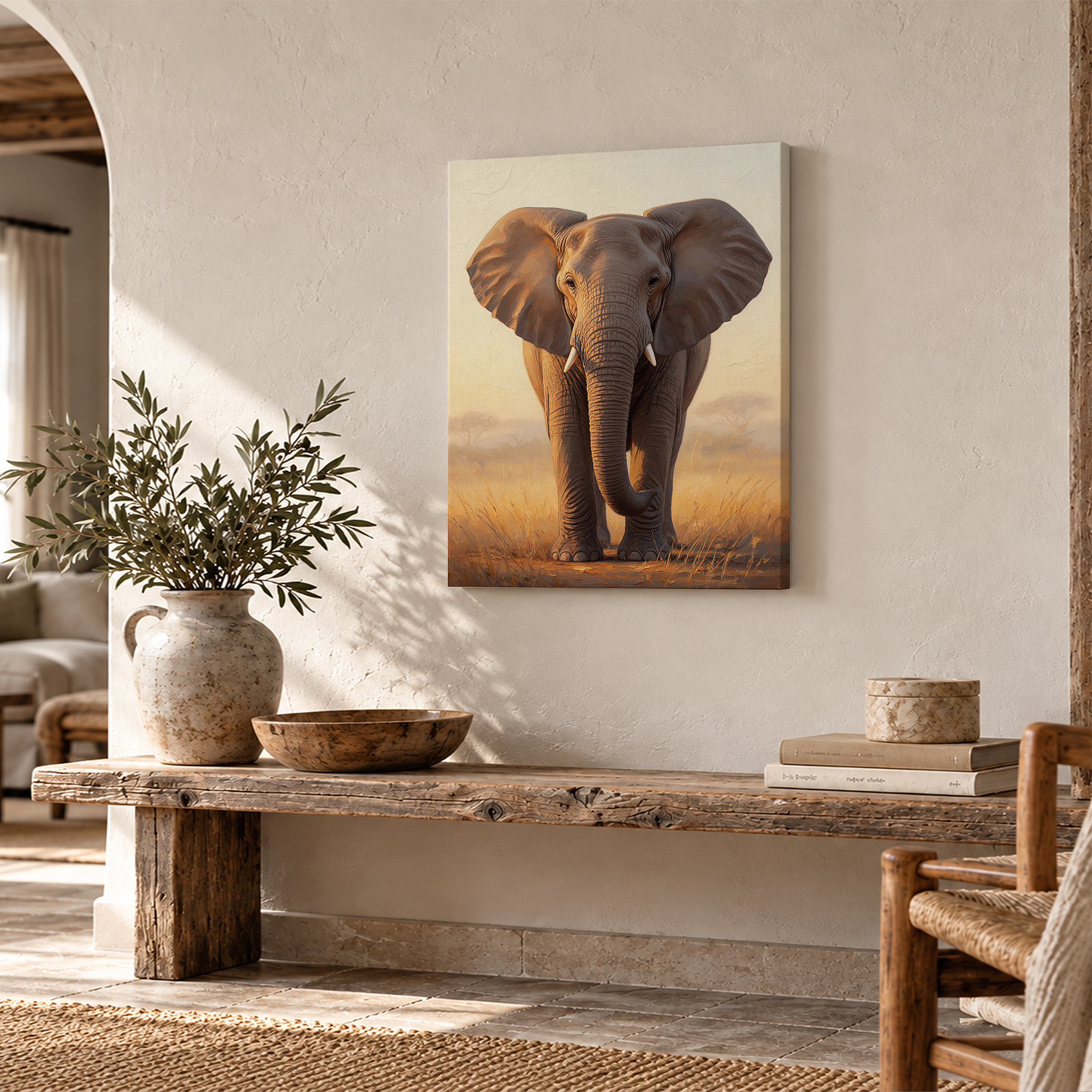 Savanna Elephant Sunset Framed Canvas Wall Art - Ready to Hang - Image 2