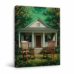Cozy Garden House with Rocking Chairs Framed Canvas Wall Art