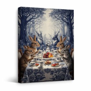 Whimsical Forest Tea Party Rabbits Deer Framed Canvas Wall Art
