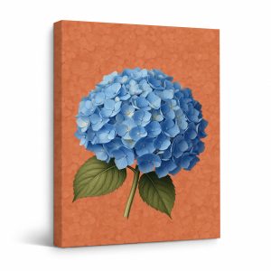 Blue Hydrangea on Orange Framed Canvas Wall Art Ready to Hang