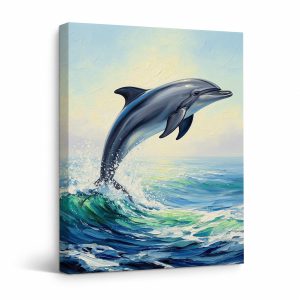Dolphin Ocean Jump Art Framed Canvas Wall Art Ready to Hang