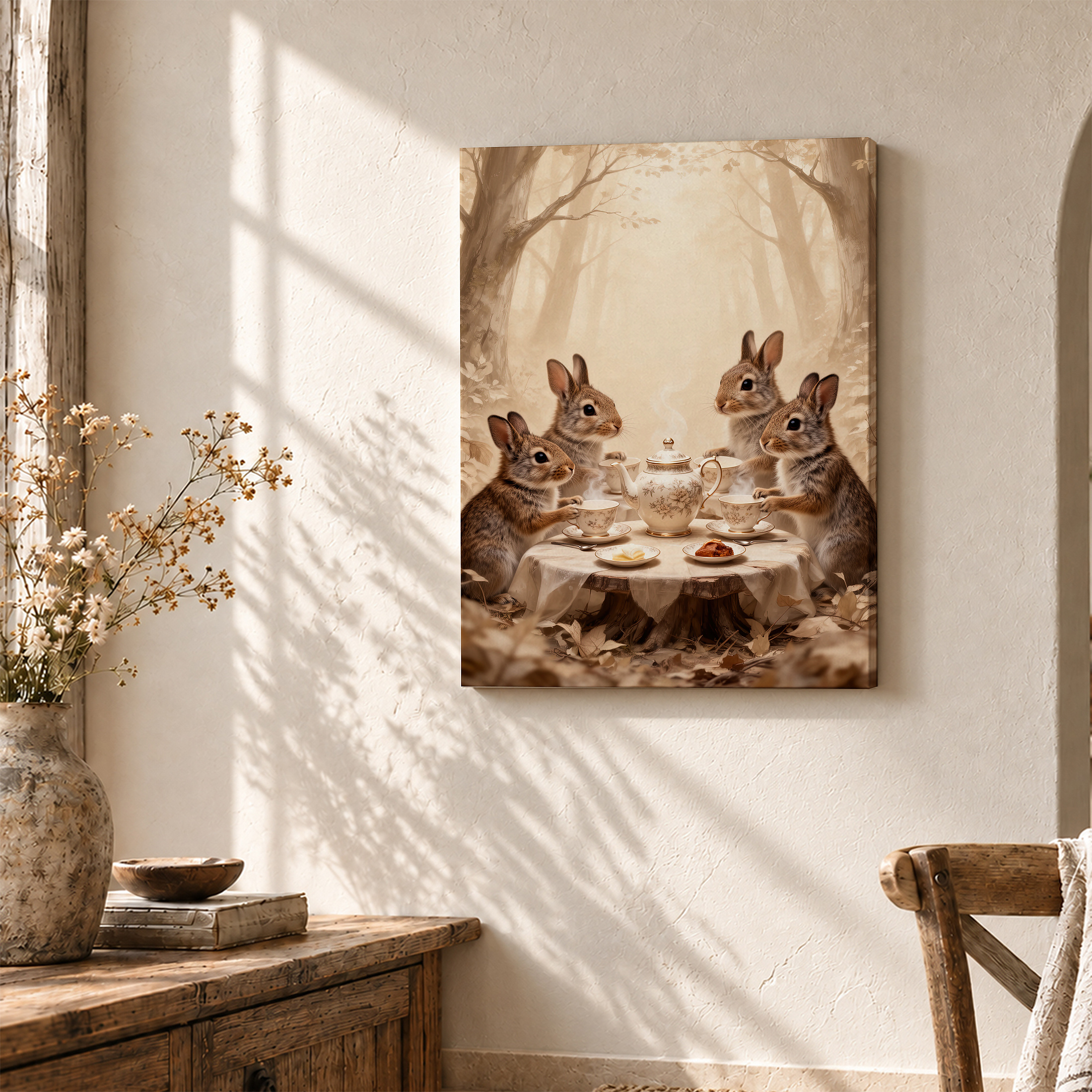 Whimsical Forest Rabbit Tea Party Framed Canvas Wall Art - Image 3