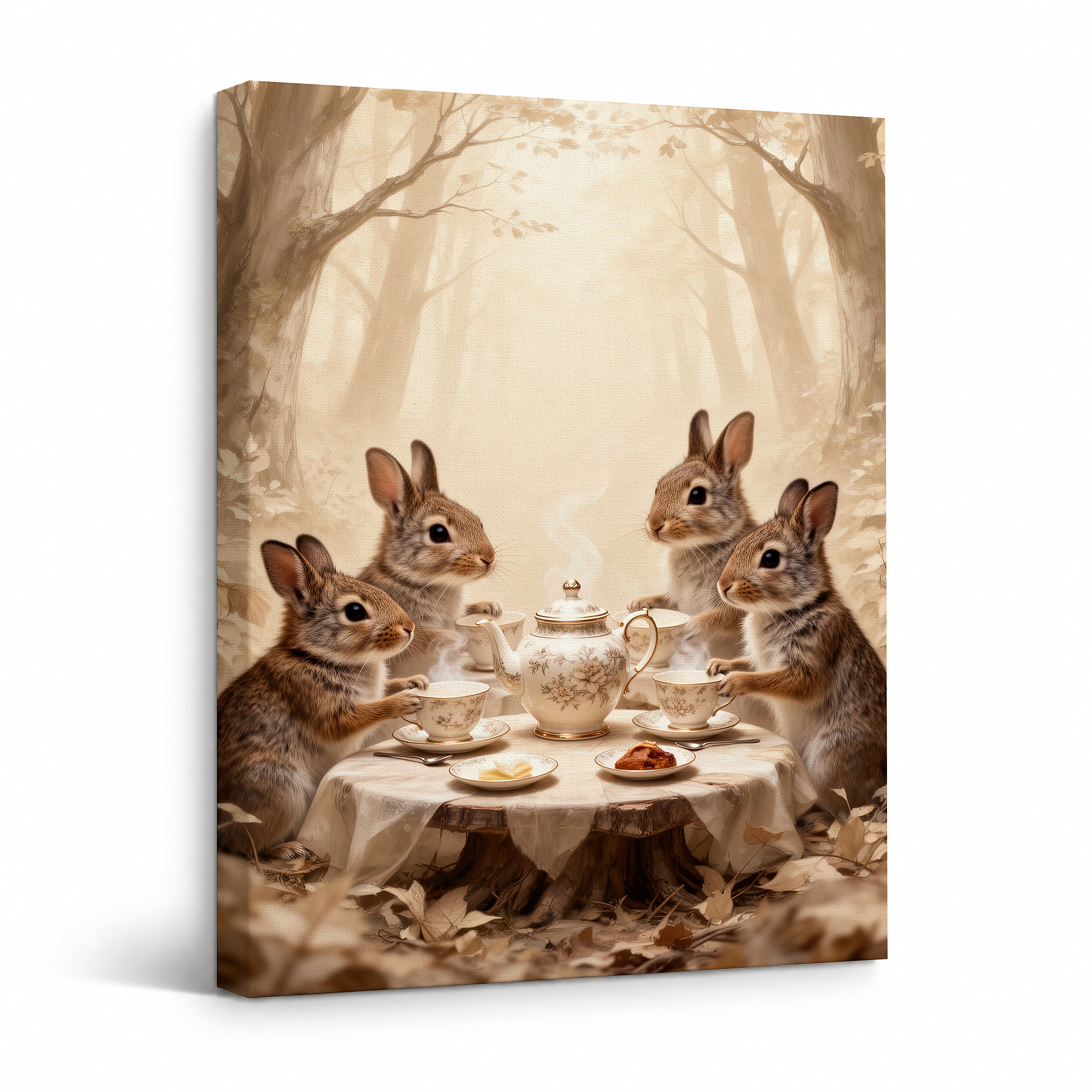 Whimsical Forest Rabbit Tea Party Framed Canvas Wall Art