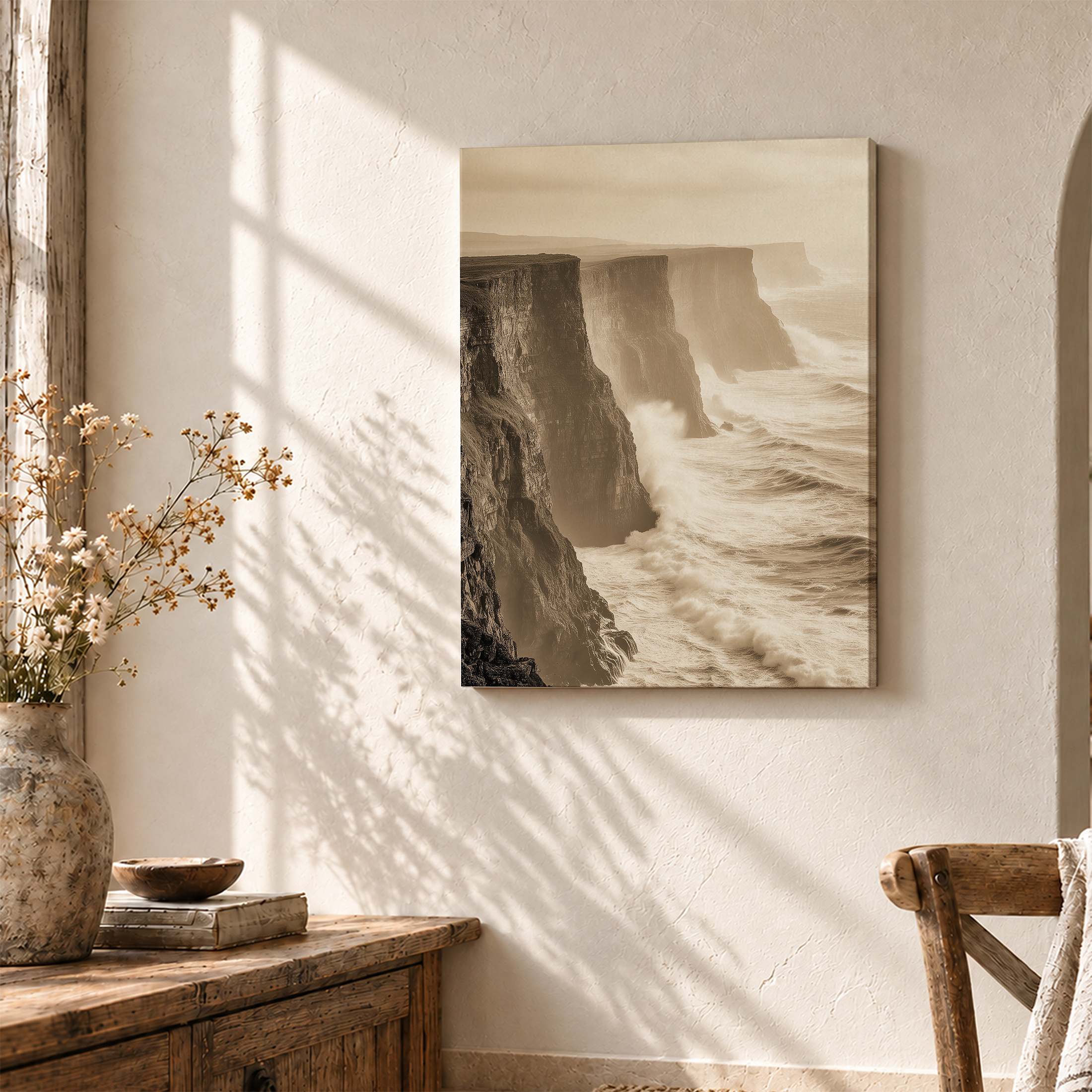 Sepia Coastal Cliffs Framed Canvas Wall Art | Ready to Hang - Image 3