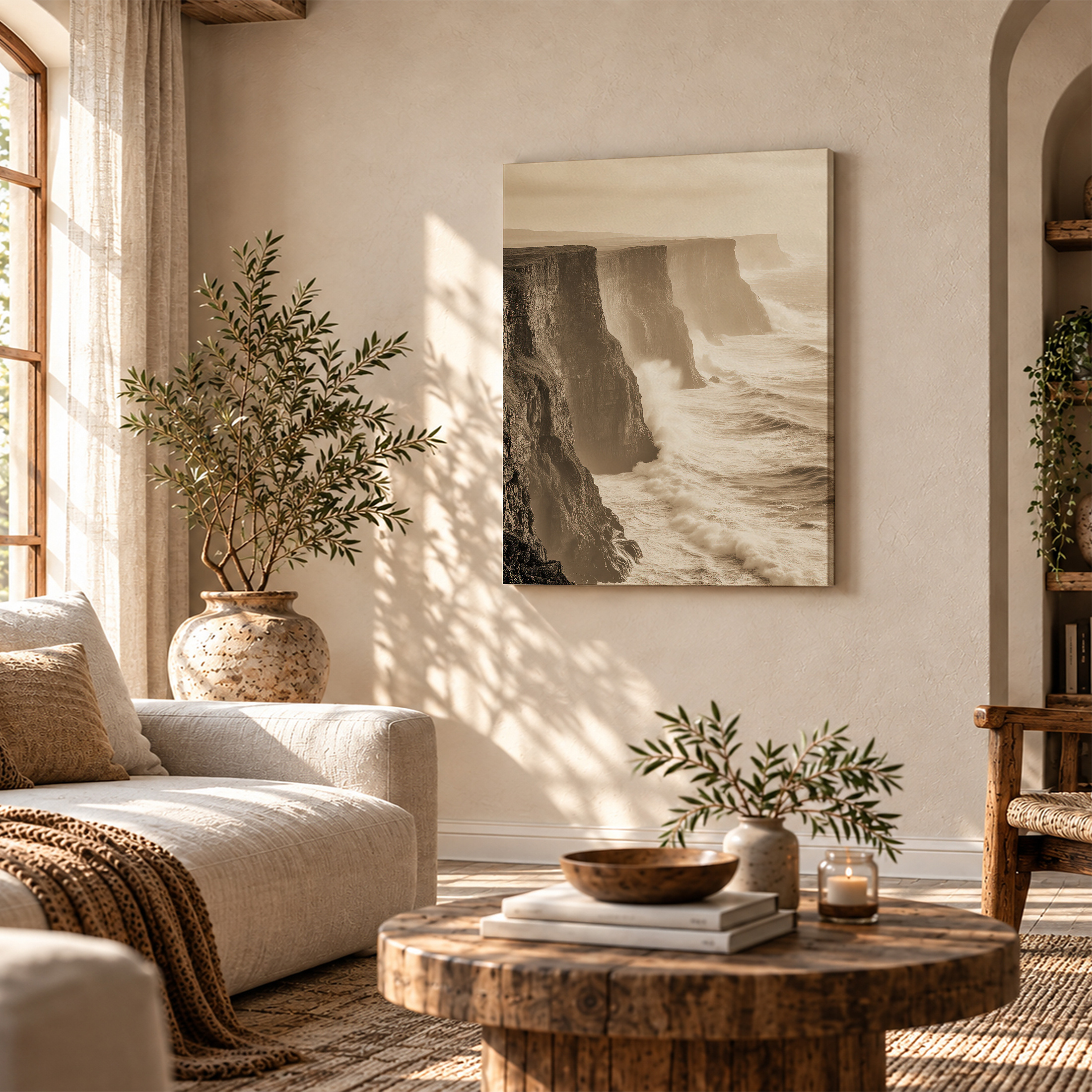 Sepia Coastal Cliffs Framed Canvas Wall Art | Ready to Hang - Image 4