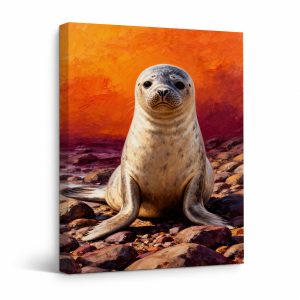 Sunset Seal Portrait Framed Canvas Wall Art - Ready to Hang