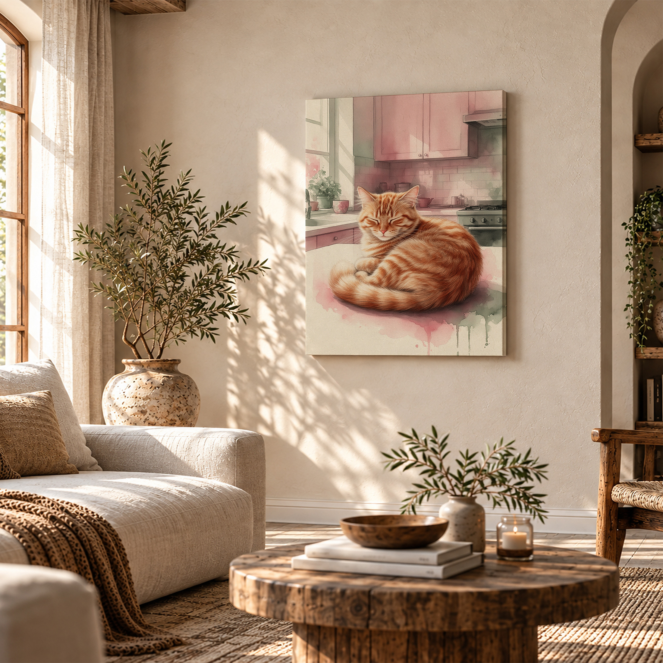 Calm Ginger Cat Pastel Kitchen Framed Canvas Wall Art Ready to Hang - Image 4