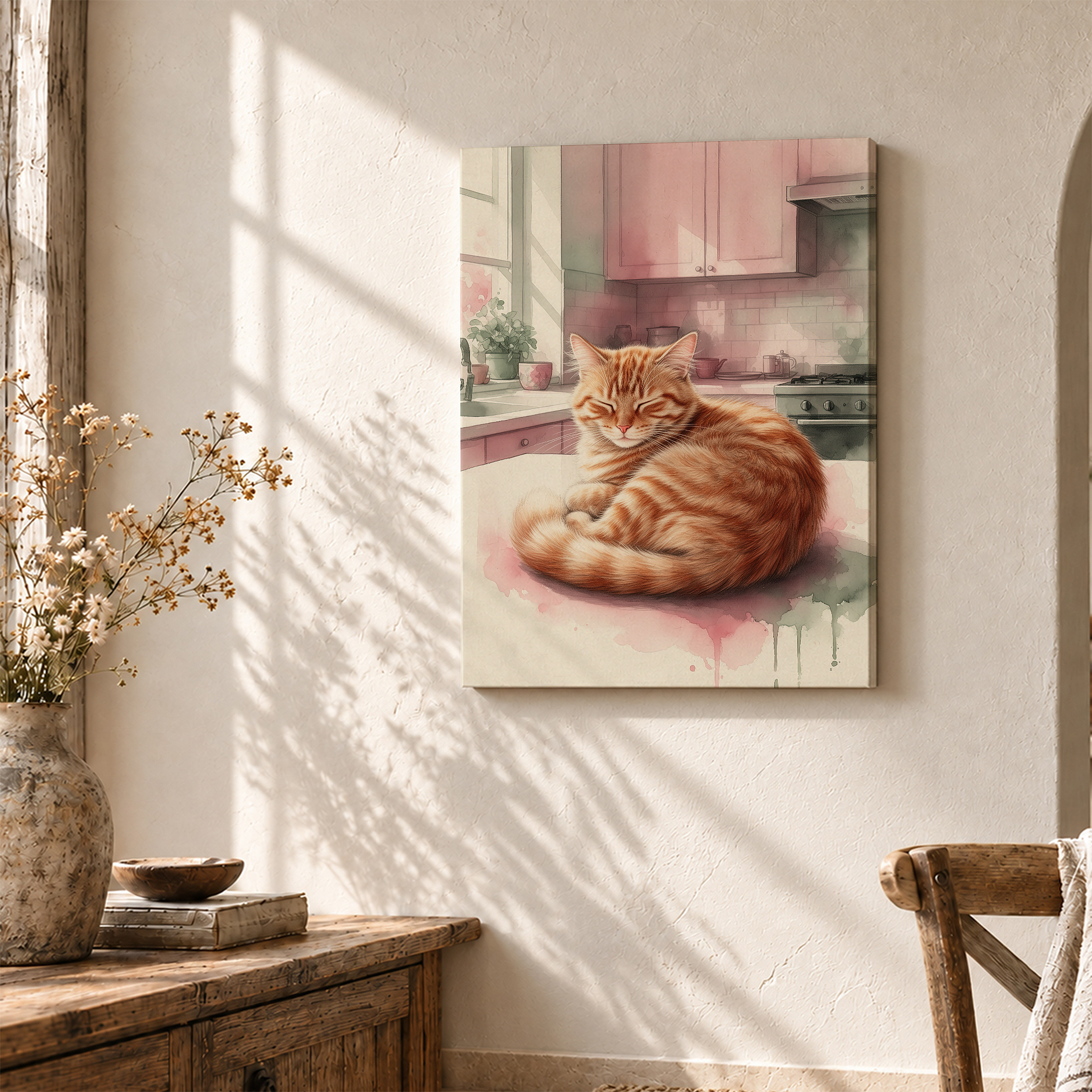 Calm Ginger Cat Pastel Kitchen Framed Canvas Wall Art Ready to Hang - Image 3