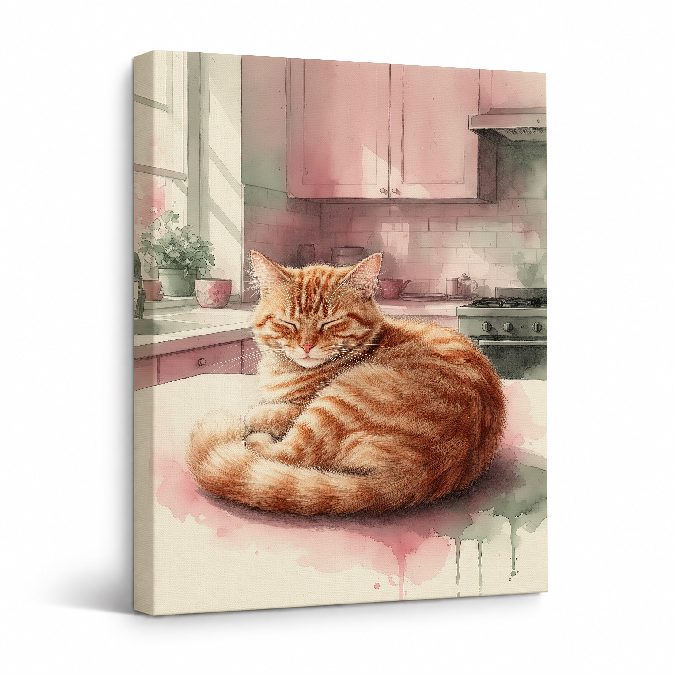 Calm Ginger Cat Pastel Kitchen Framed Canvas Wall Art Ready to Hang