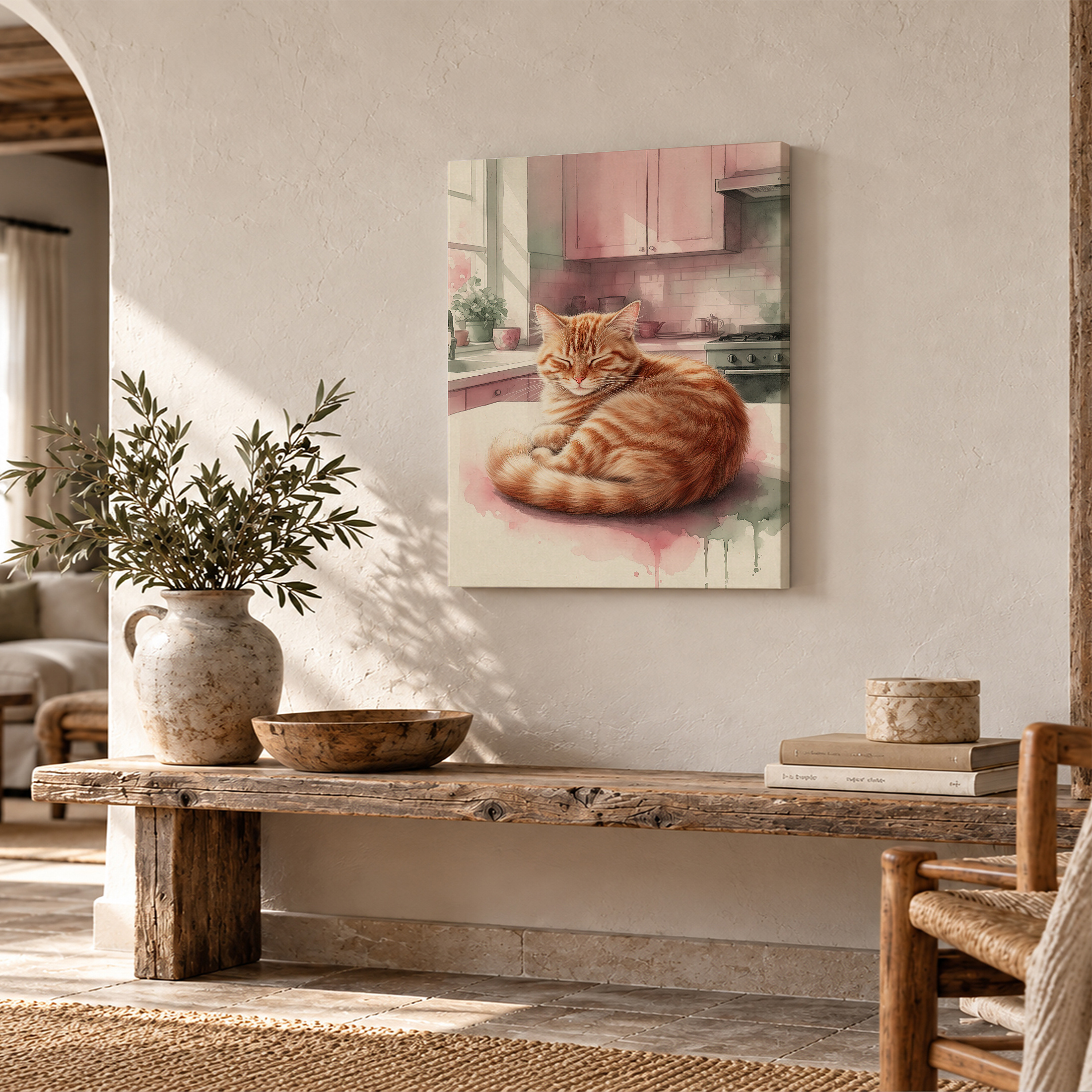 Calm Ginger Cat Pastel Kitchen Framed Canvas Wall Art Ready to Hang - Image 2