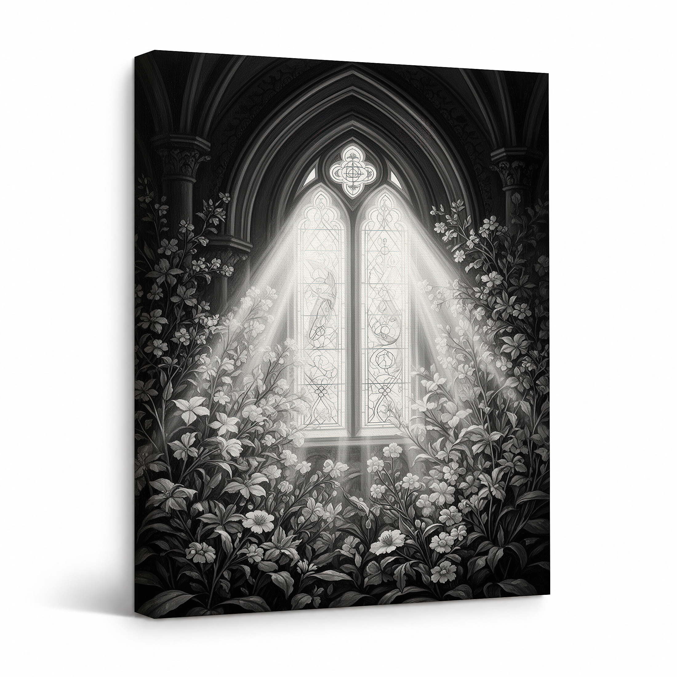 Gothic Cathedral Window & Floral Light Rays Framed Canvas Wall Art