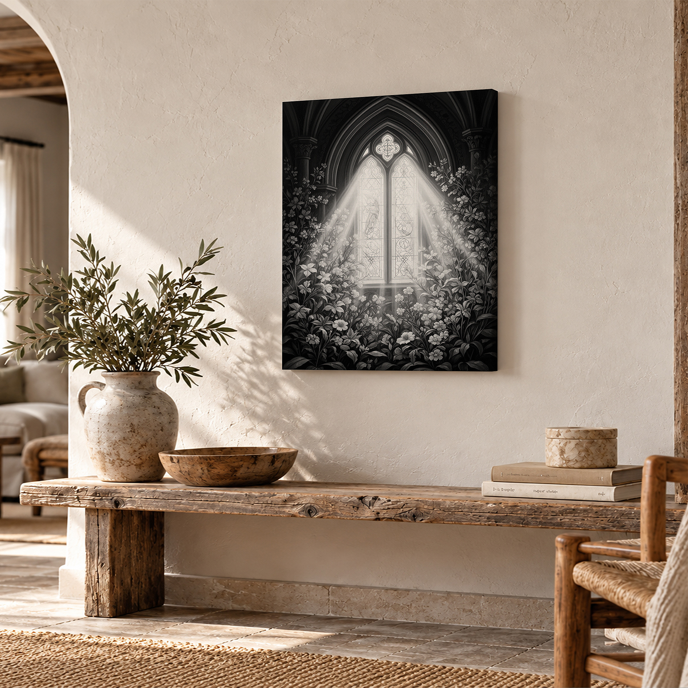Gothic Cathedral Window & Floral Light Rays Framed Canvas Wall Art - Image 2