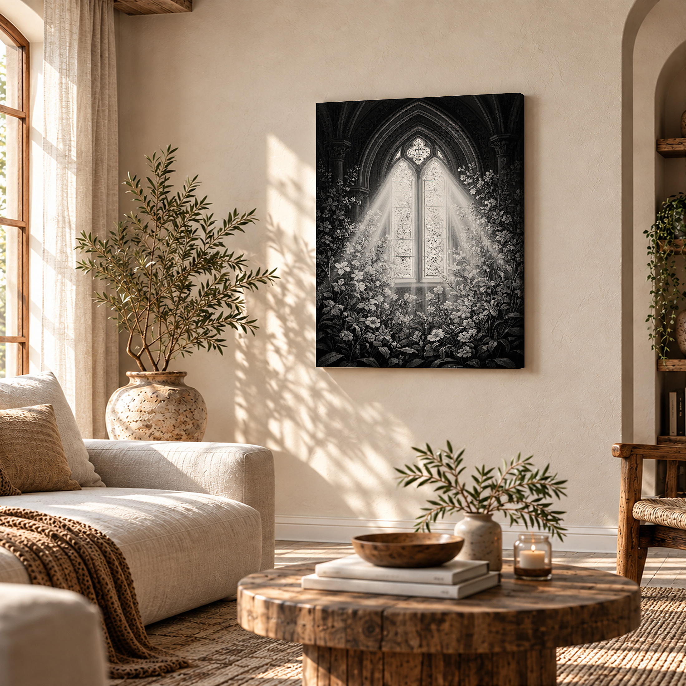 Gothic Cathedral Window & Floral Light Rays Framed Canvas Wall Art - Image 4