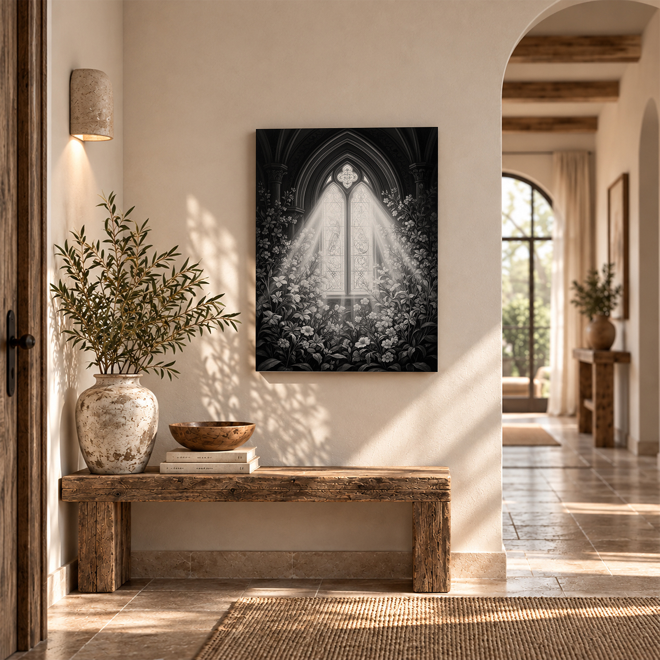 Gothic Cathedral Window & Floral Light Rays Framed Canvas Wall Art - Image 6