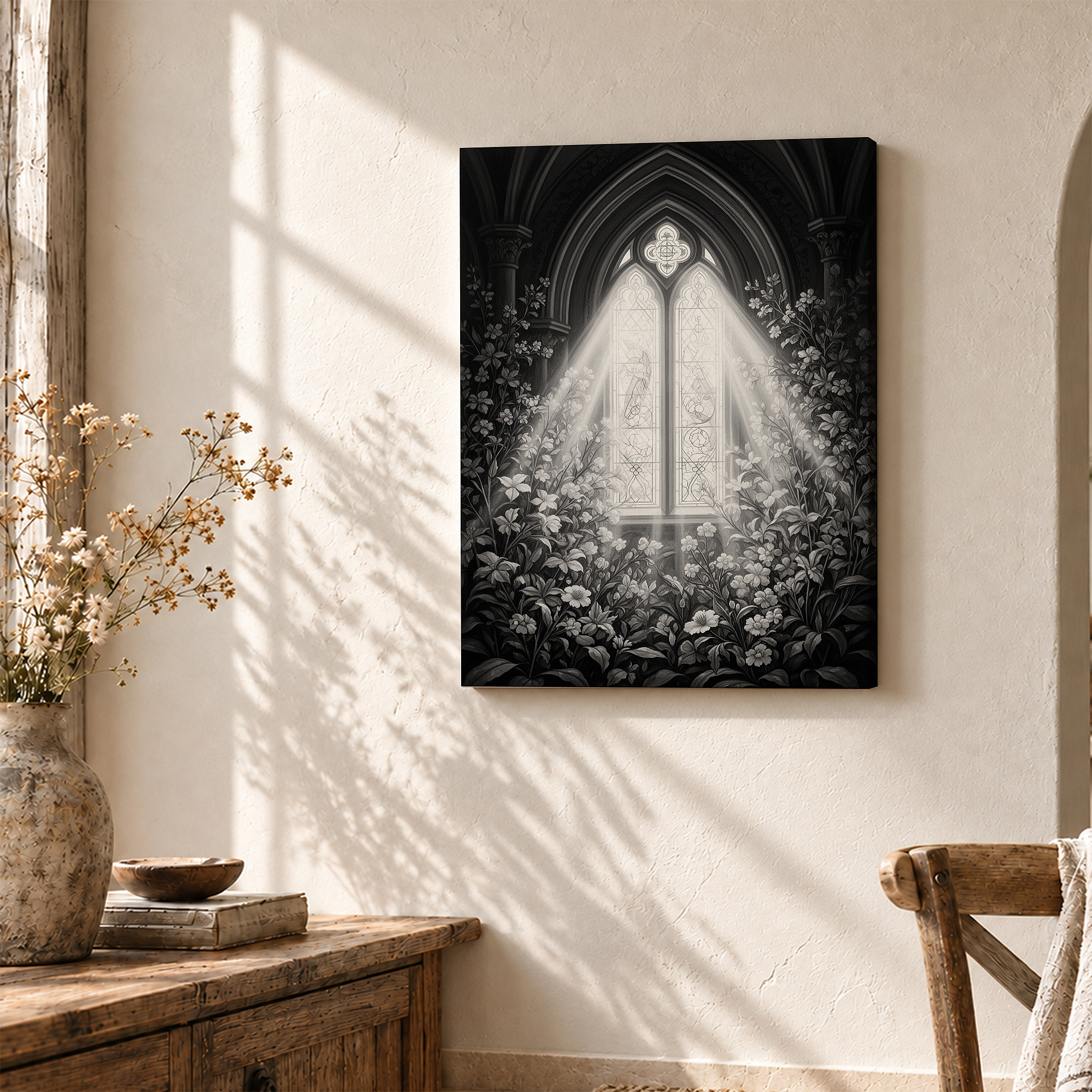 Gothic Cathedral Window & Floral Light Rays Framed Canvas Wall Art - Image 3