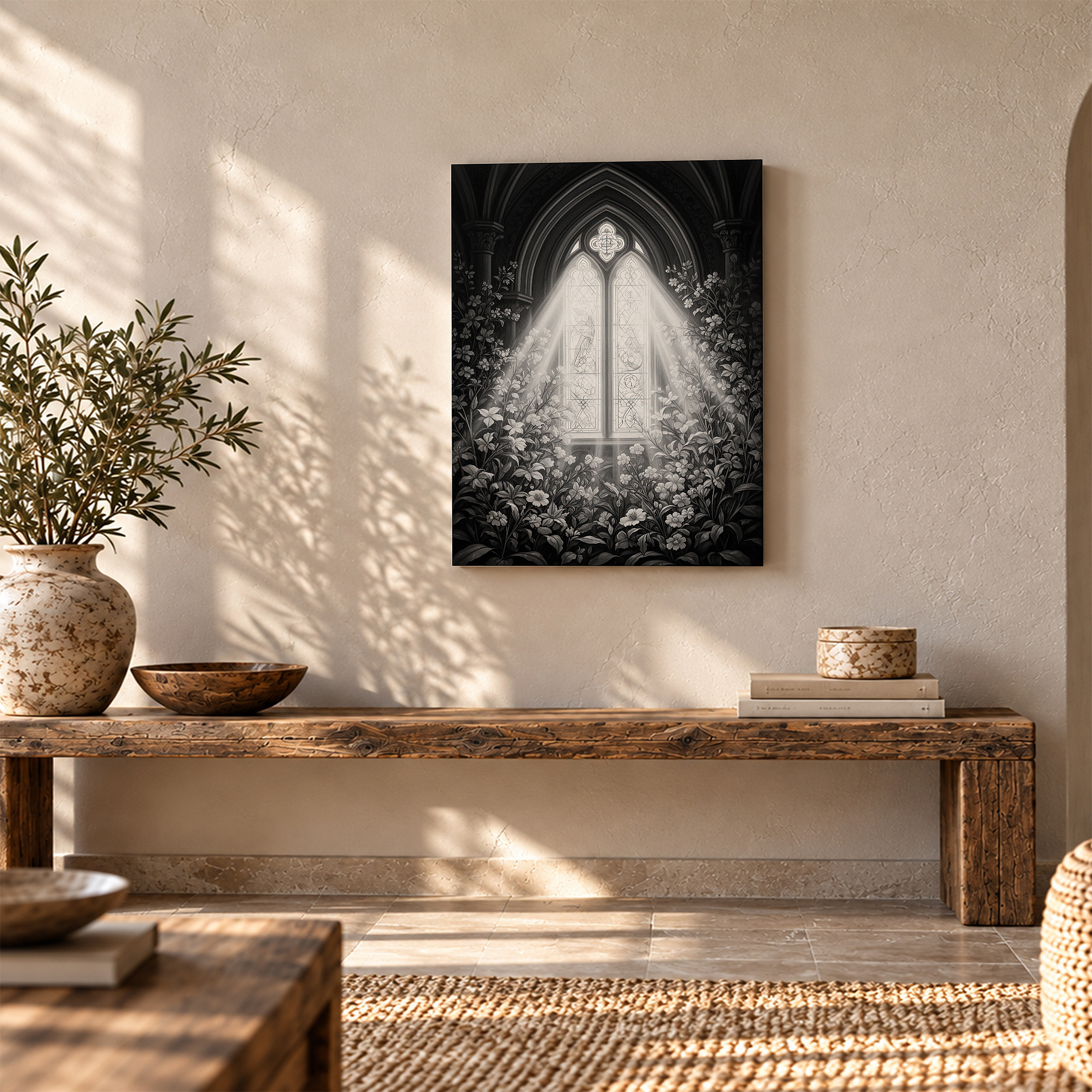 Gothic Cathedral Window & Floral Light Rays Framed Canvas Wall Art - Image 5