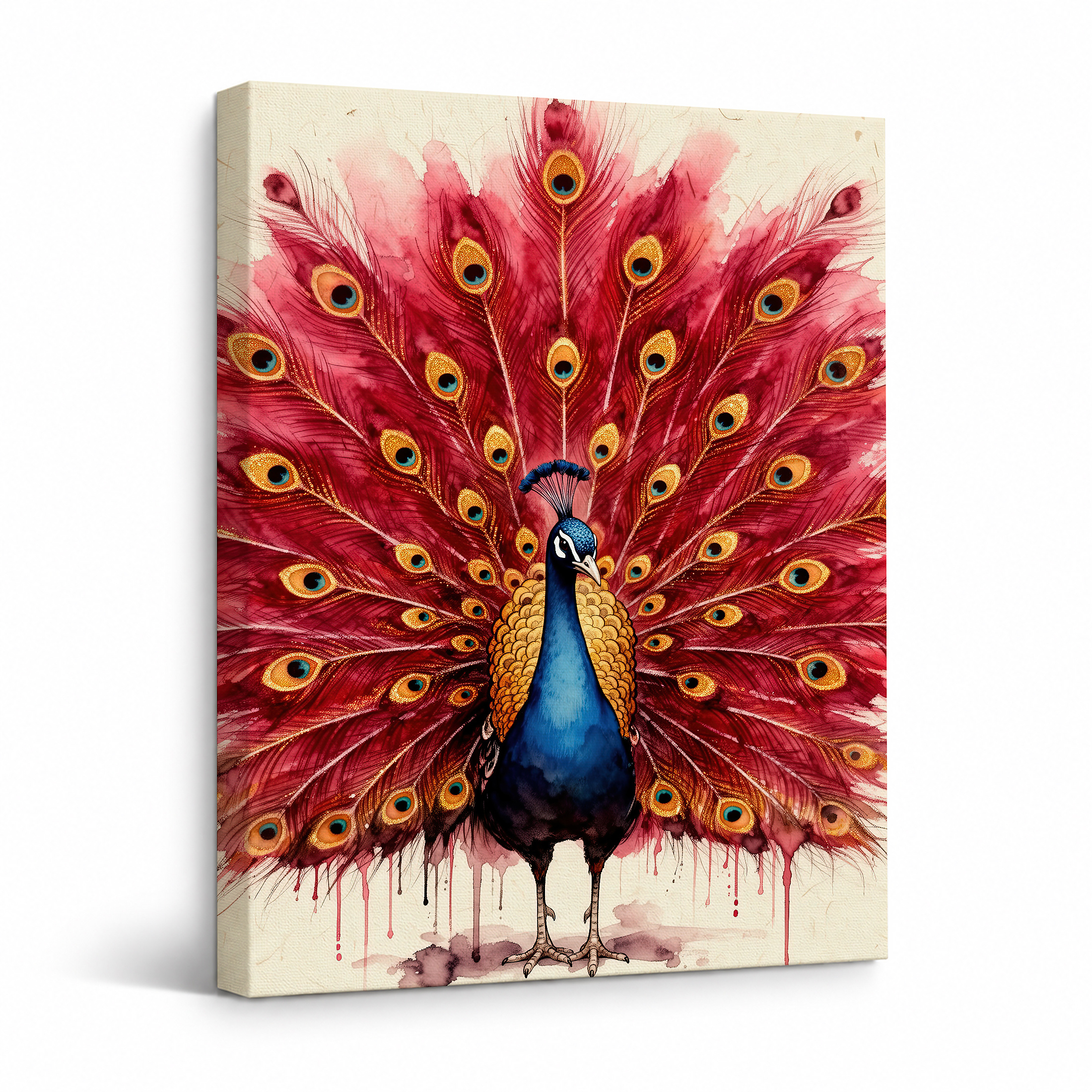 Vibrant Watercolor Peacock Framed Canvas Wall Art Ready to Hang