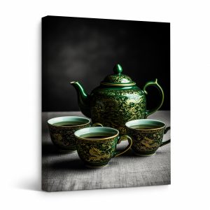 Chinese Dragon Tea Set Framed Canvas Wall Art - Ready to Hang