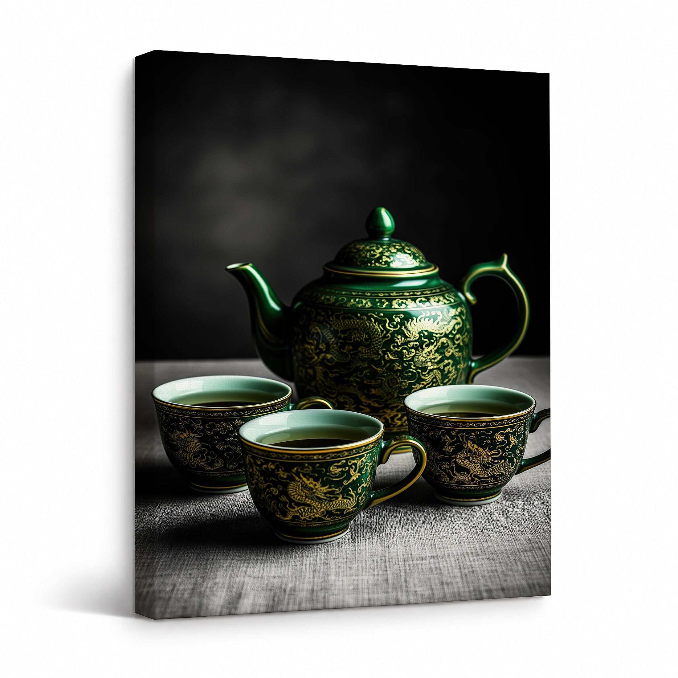 Chinese Dragon Tea Set Framed Canvas Wall Art - Ready to Hang