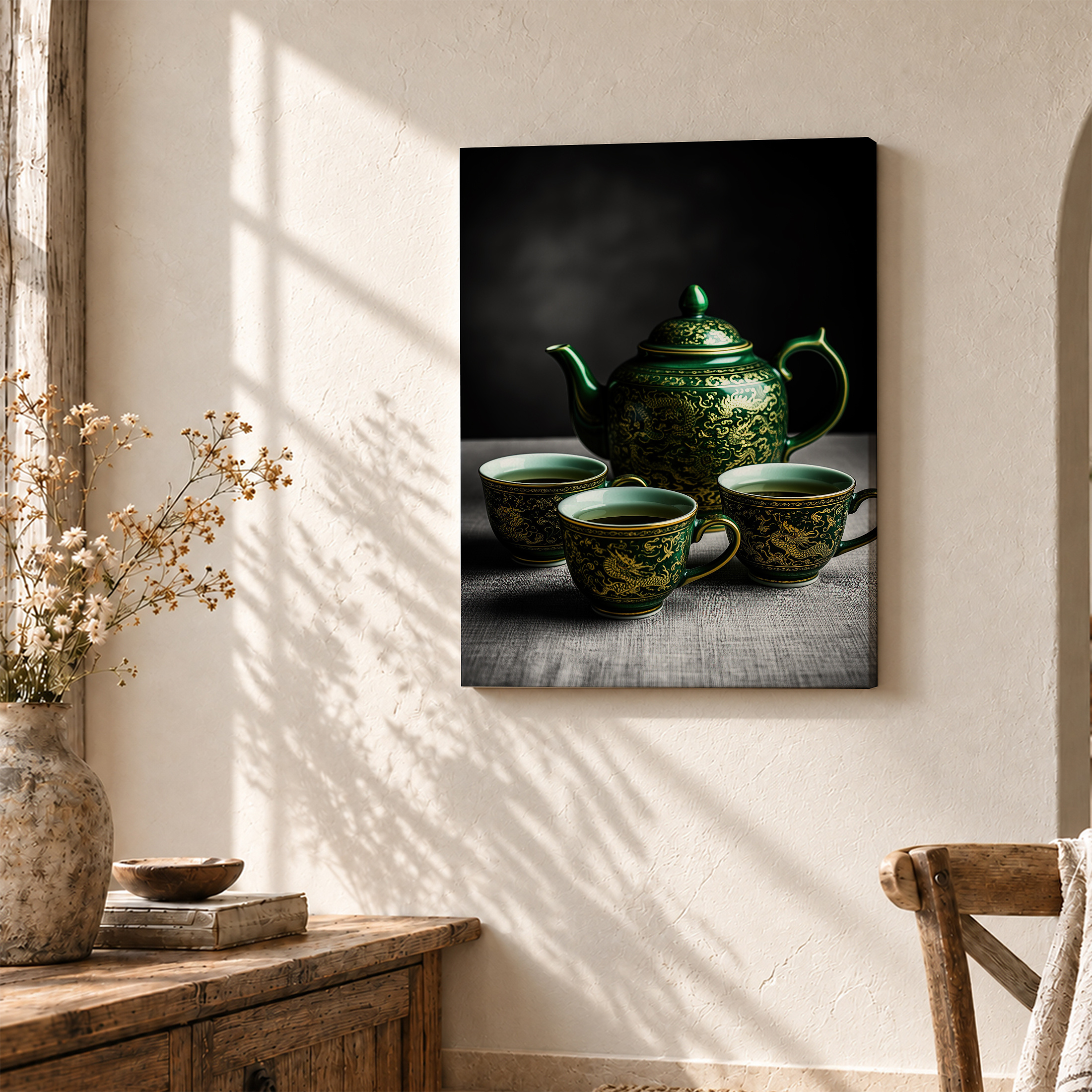 Chinese Dragon Tea Set Framed Canvas Wall Art - Ready to Hang - Image 3