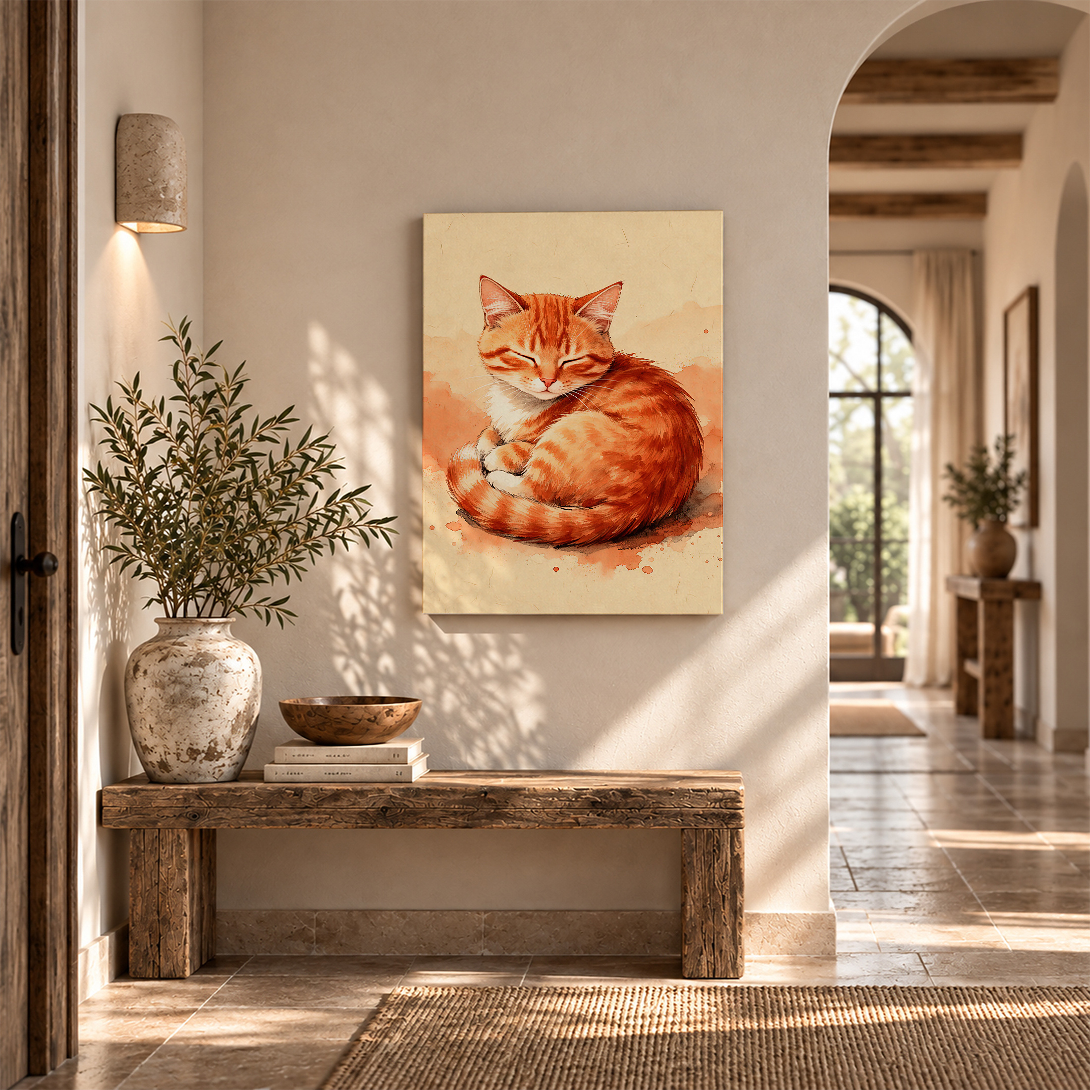 Sleeping Orange Tabby Cat Watercolor Framed Canvas Wall Art - Image 6