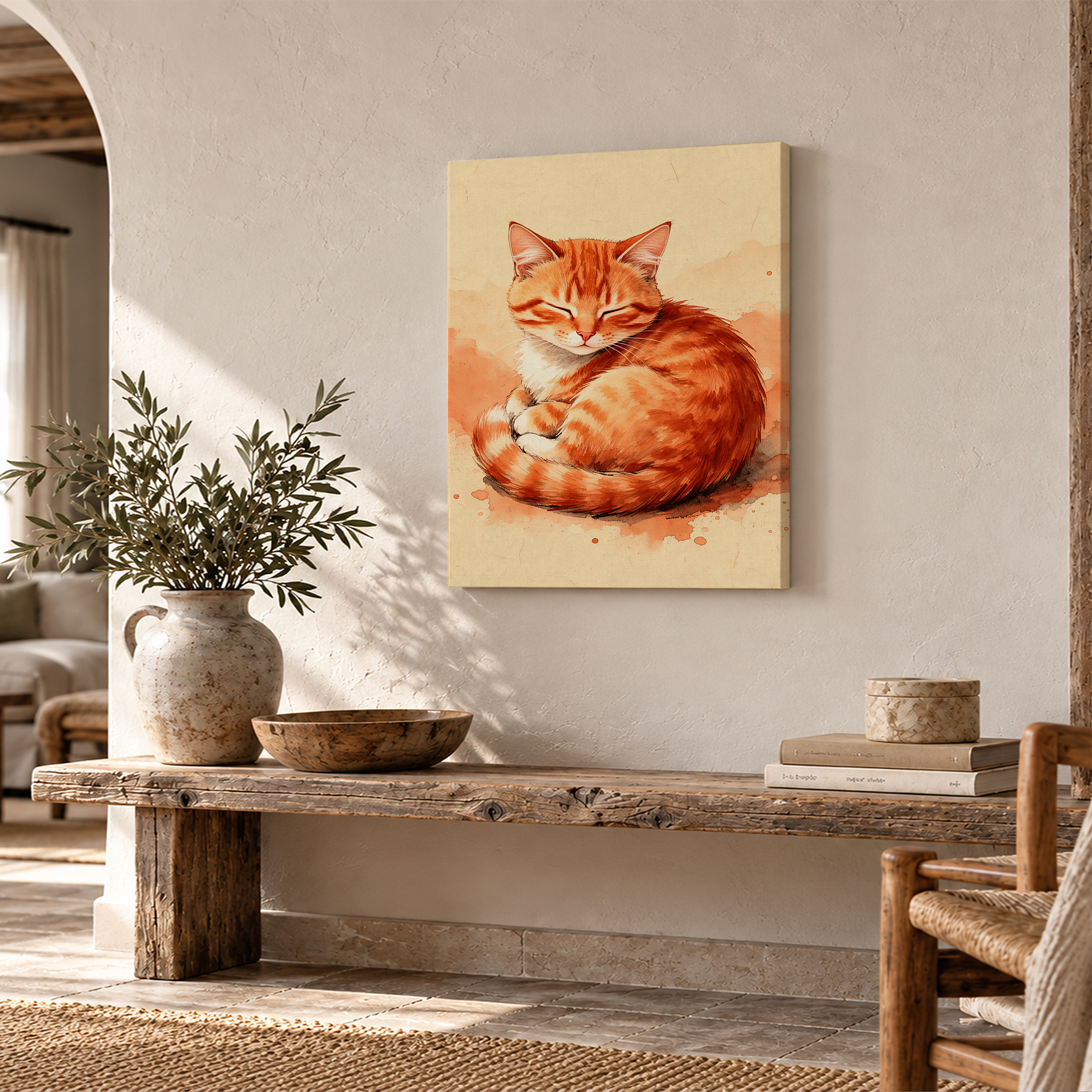 Sleeping Orange Tabby Cat Watercolor Framed Canvas Wall Art - Image 2