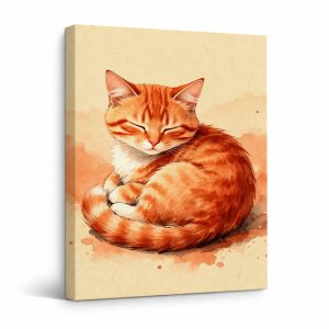 Sleeping Orange Tabby Cat Watercolor Framed Canvas Wall Art