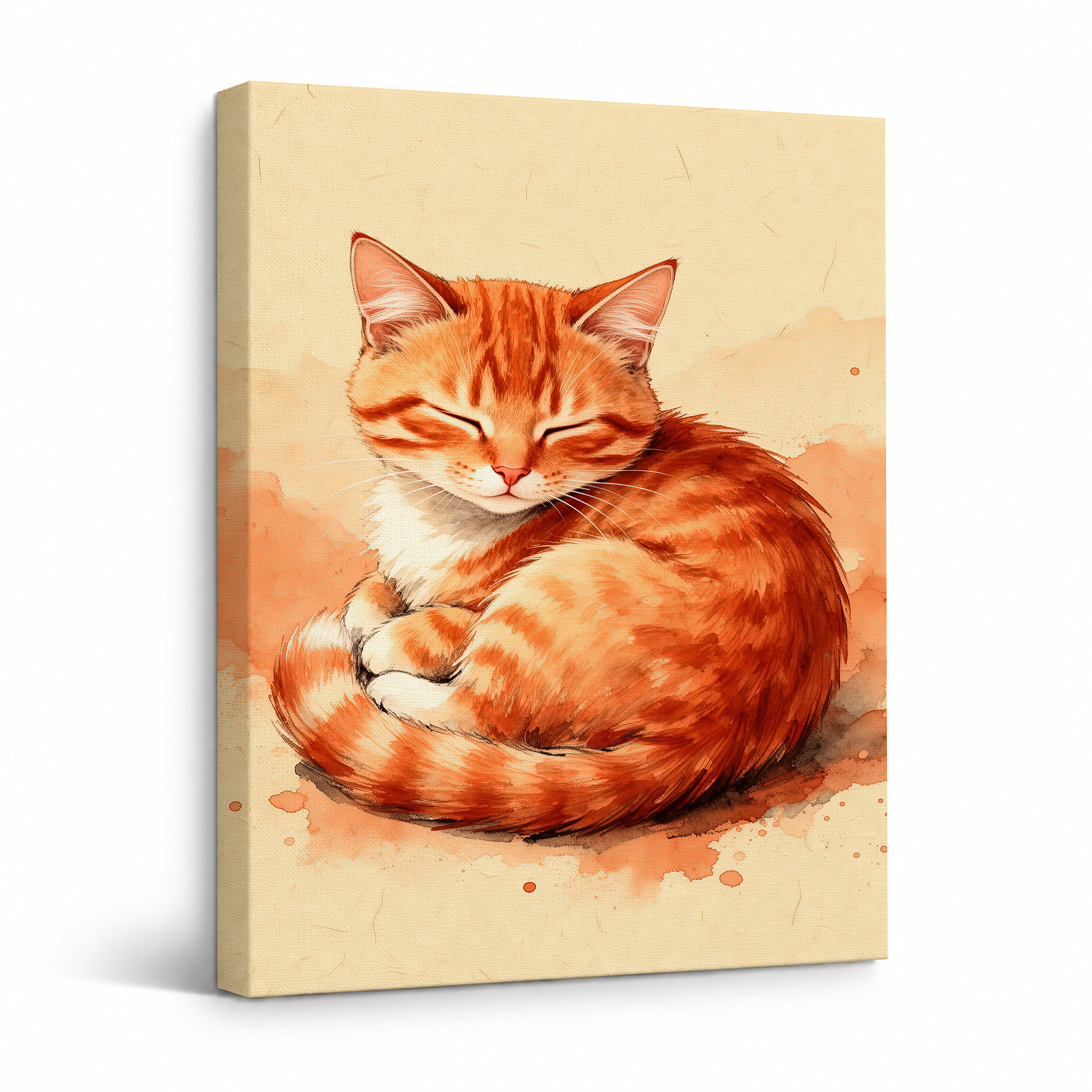 Sleeping Orange Tabby Cat Watercolor Framed Canvas Wall Art
