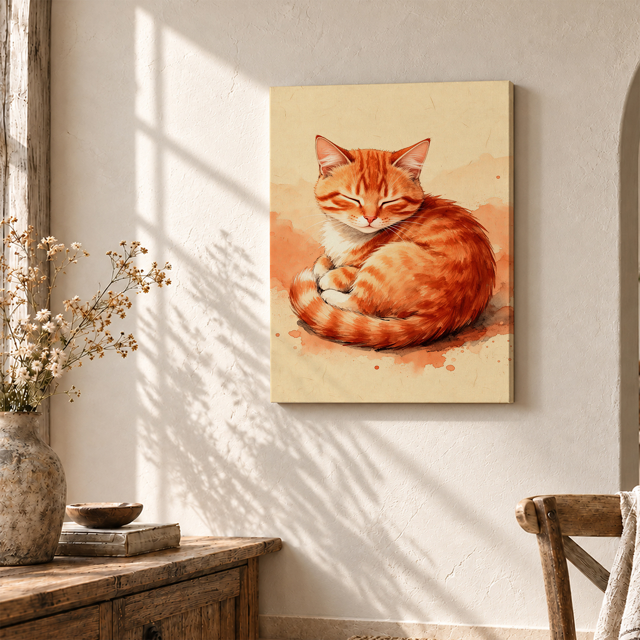 Sleeping Orange Tabby Cat Watercolor Framed Canvas Wall Art - Image 3