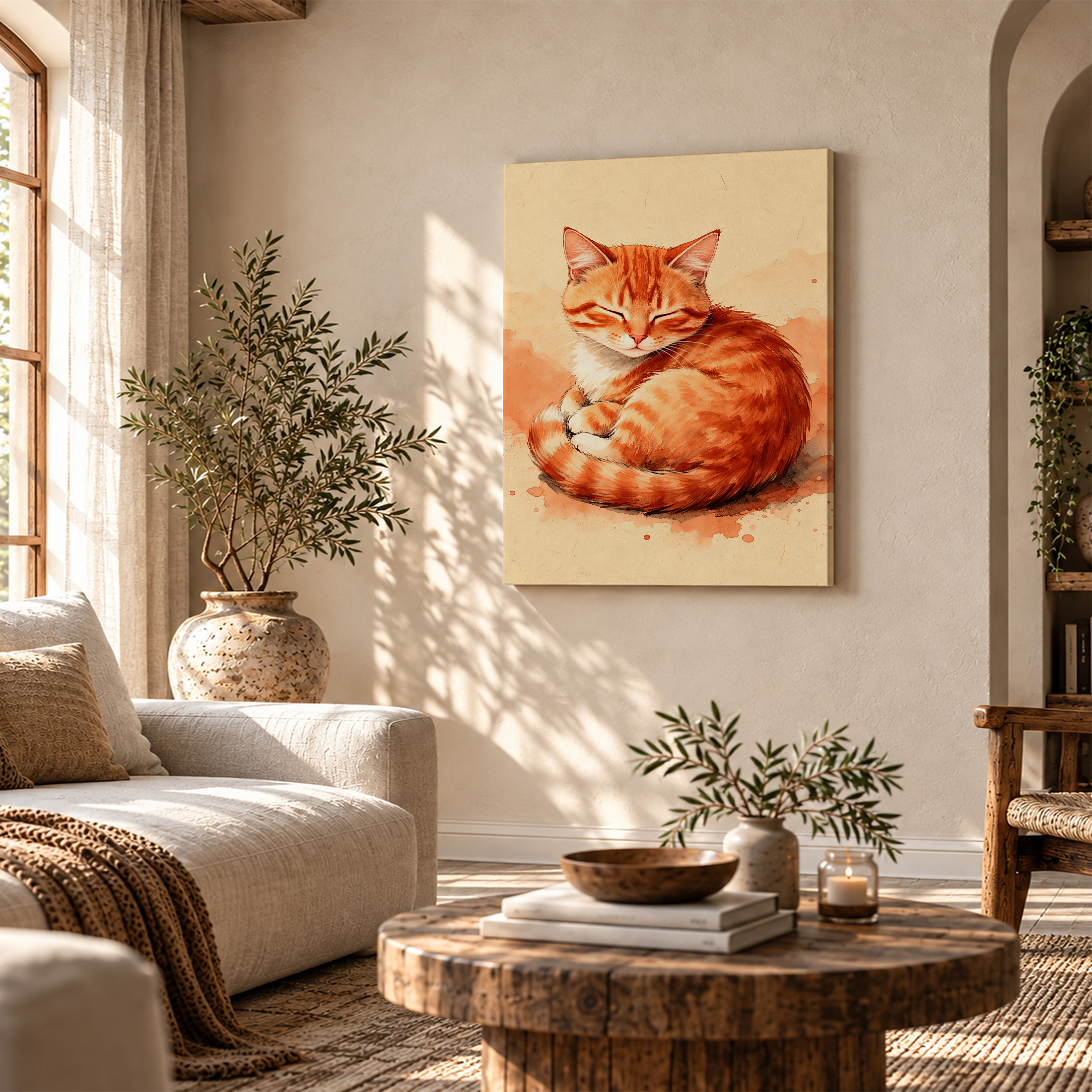 Sleeping Orange Tabby Cat Watercolor Framed Canvas Wall Art - Image 4