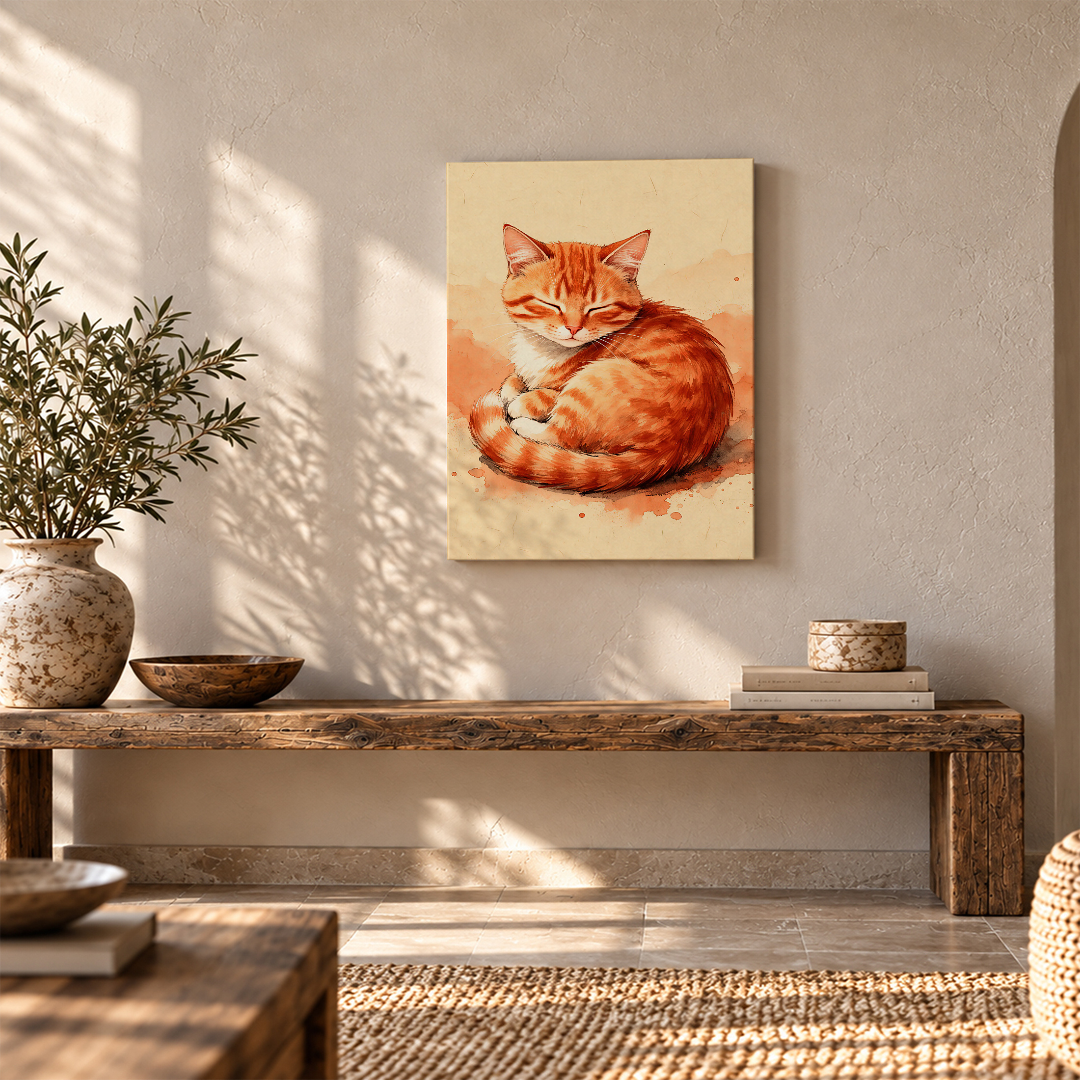Sleeping Orange Tabby Cat Watercolor Framed Canvas Wall Art - Image 5