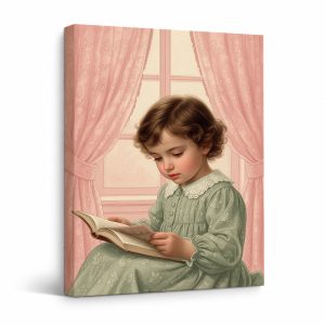 Vintage Girl Reading by Window Framed Canvas Wall Art