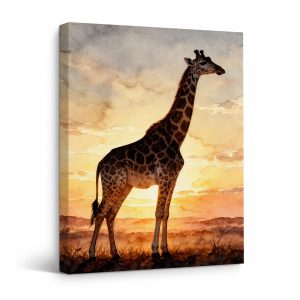 Giraffe Sunset Watercolor Framed Canvas Wall Art