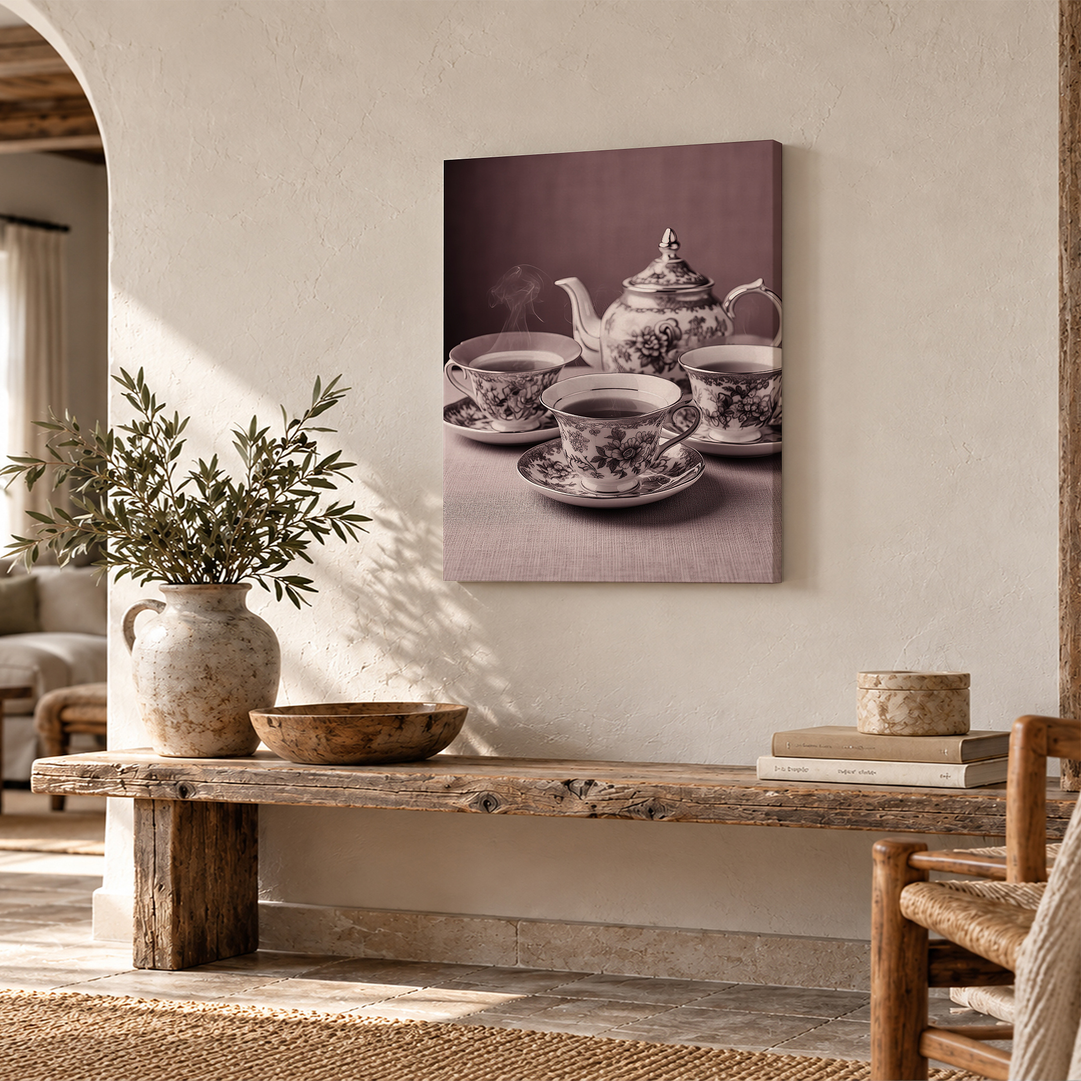 Vintage Tea Set Sepia Framed Canvas Wall Art - Ready to Hang - Image 2
