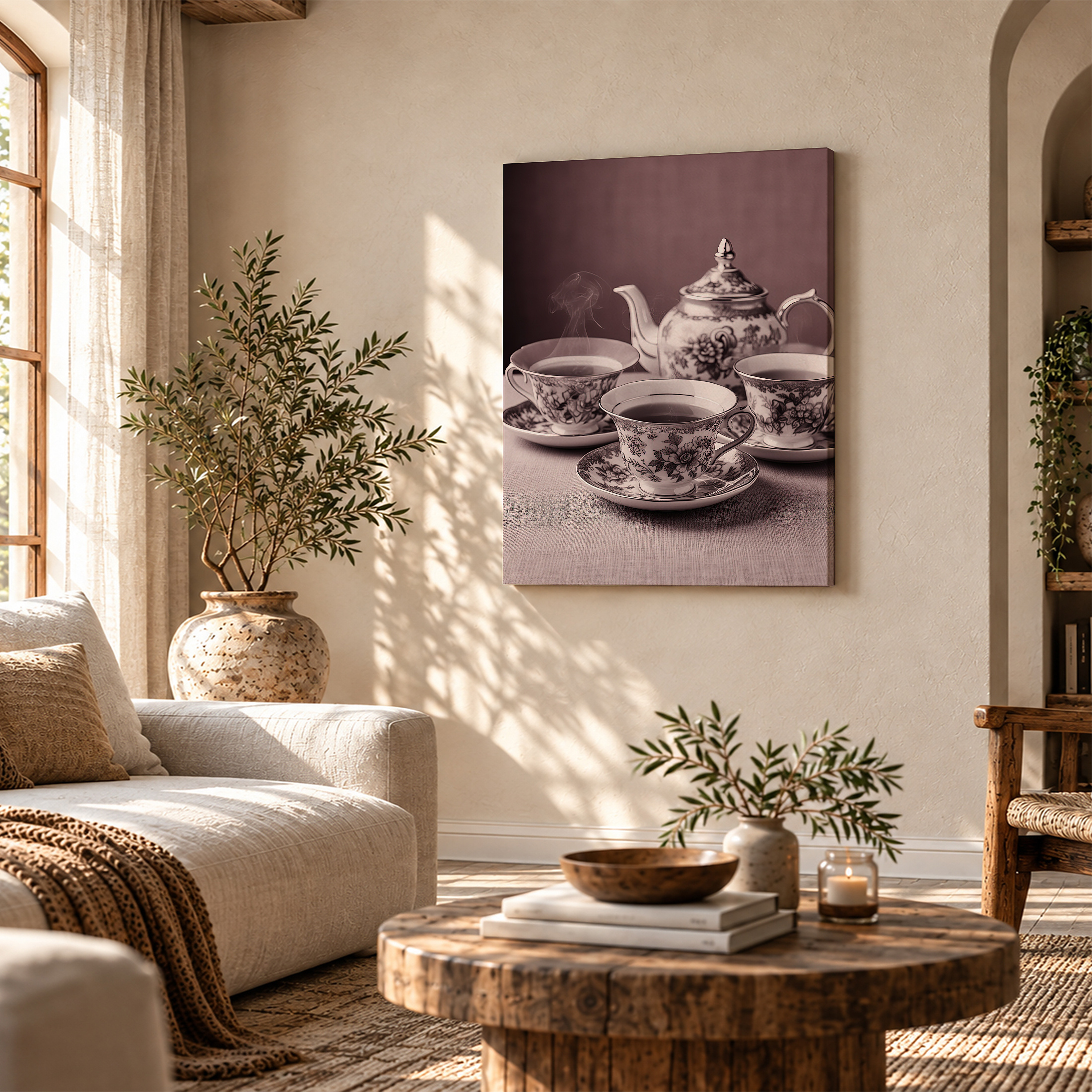 Vintage Tea Set Sepia Framed Canvas Wall Art - Ready to Hang - Image 4