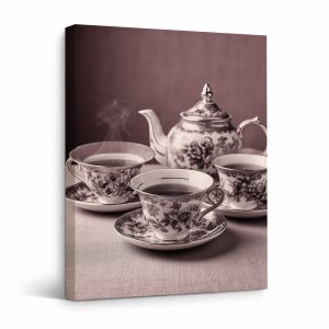 Vintage Tea Set Sepia Framed Canvas Wall Art - Ready to Hang
