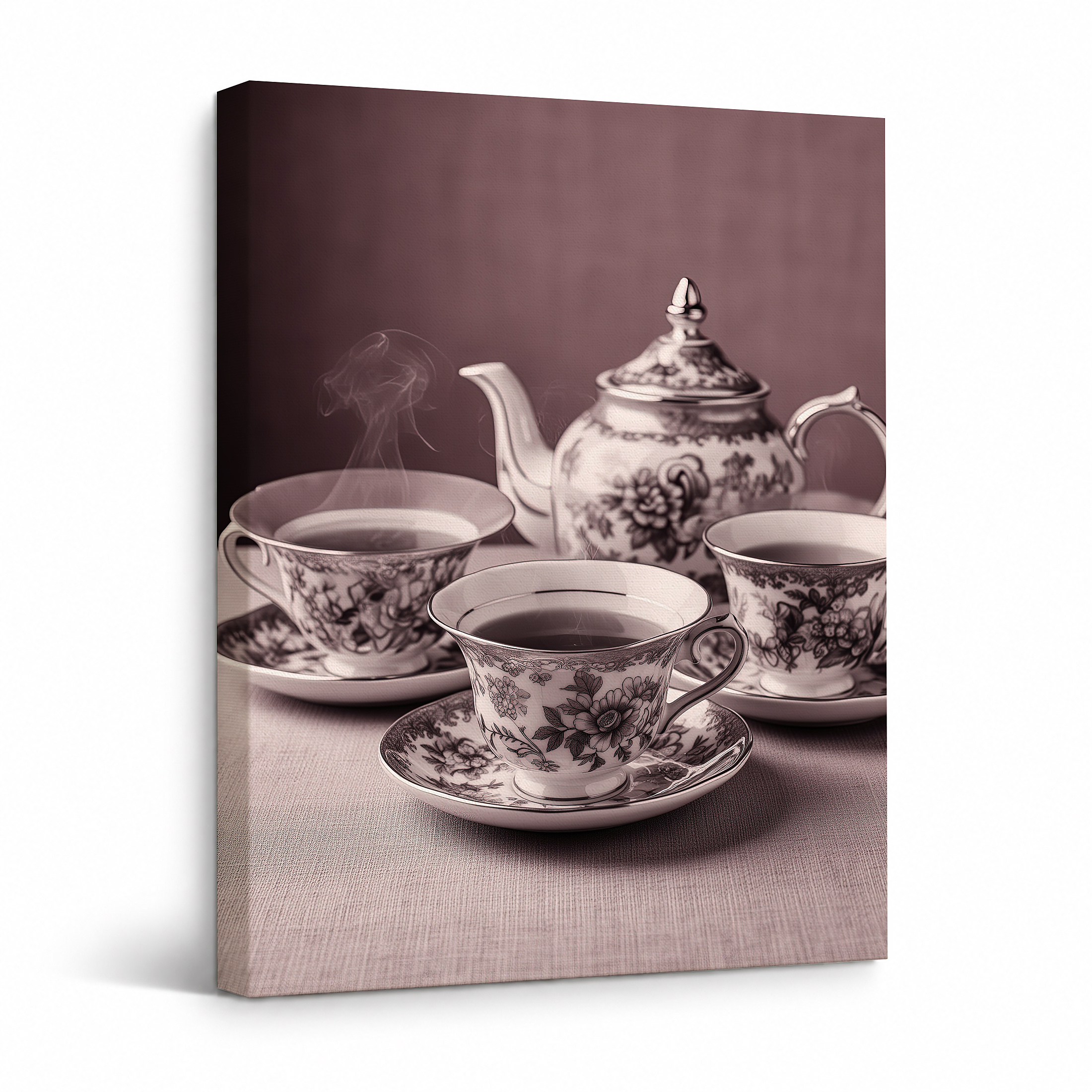 Vintage Tea Set Sepia Framed Canvas Wall Art - Ready to Hang