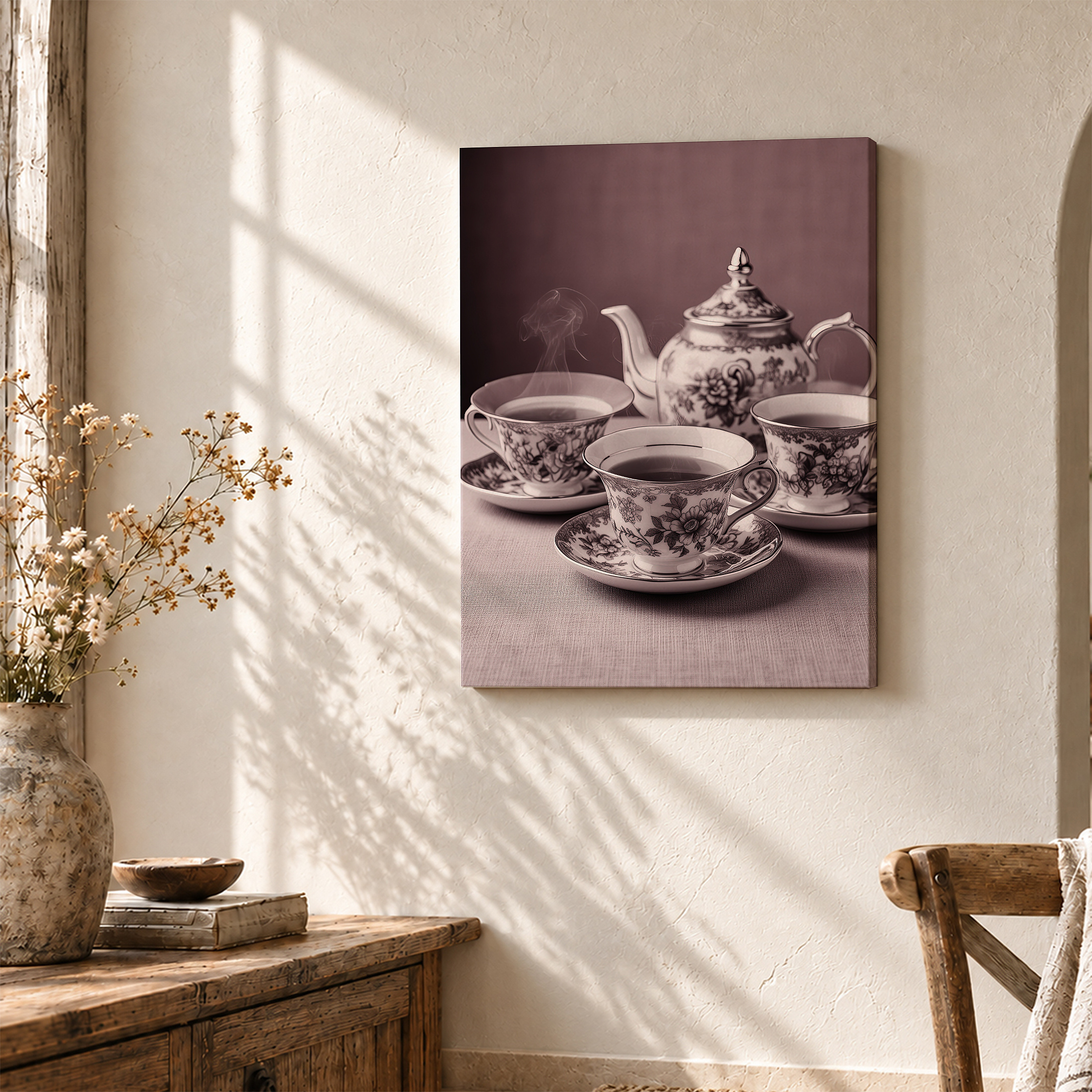Vintage Tea Set Sepia Framed Canvas Wall Art - Ready to Hang - Image 3