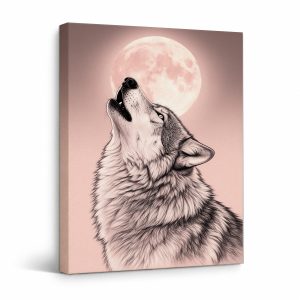 Pink Moon Wolf Howling Framed Canvas Wall Art - Ready to Hang