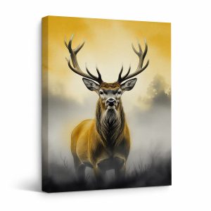 Golden Deer in Misty Forest Framed Canvas Wall Art - Ready to Hang