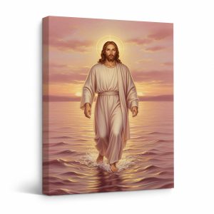 Jesus Walking on Water Sunset Framed Canvas Wall Art - Ready to Hang