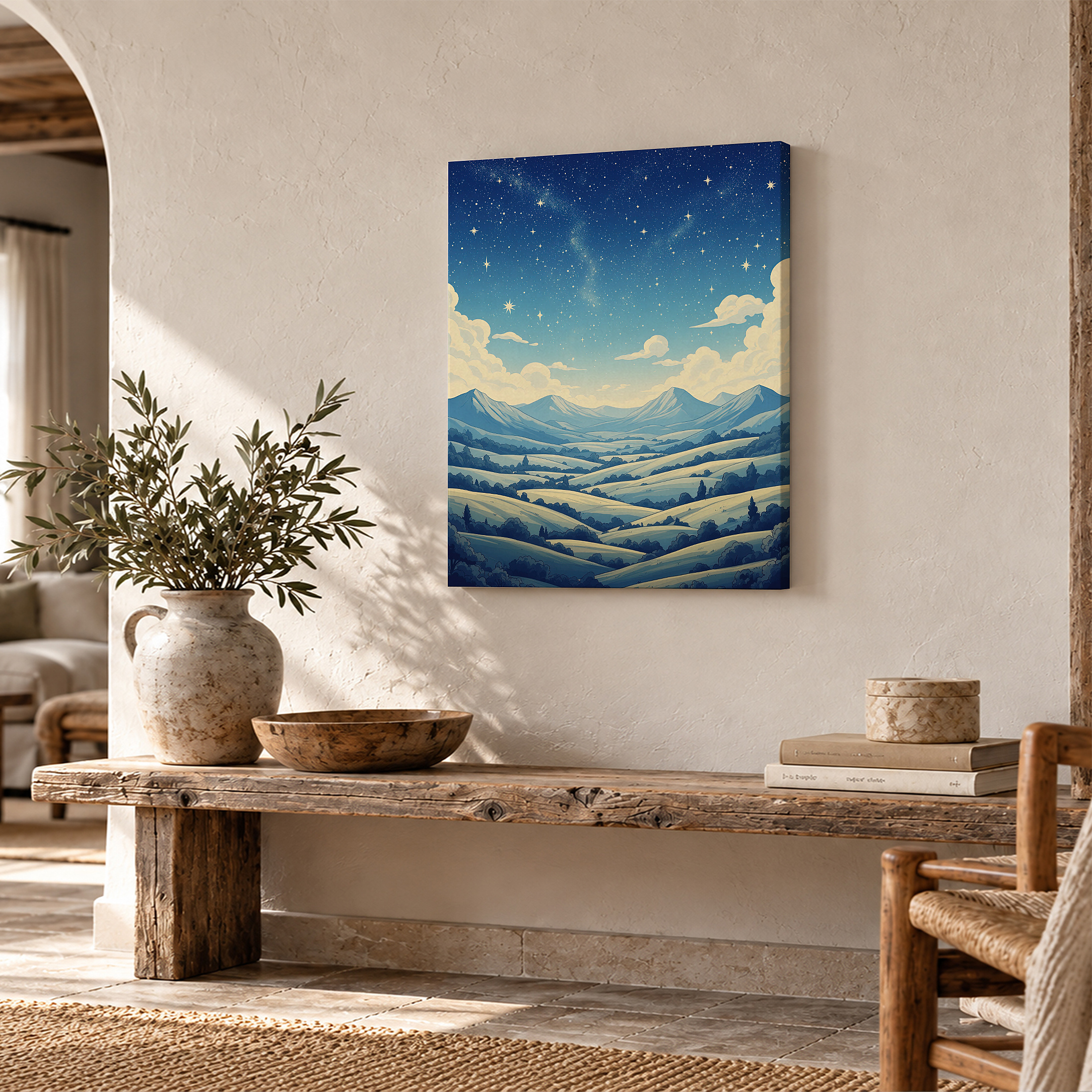 Starry Night Mountain Landscape Framed Canvas Wall Art - Ready to Hang - Image 2