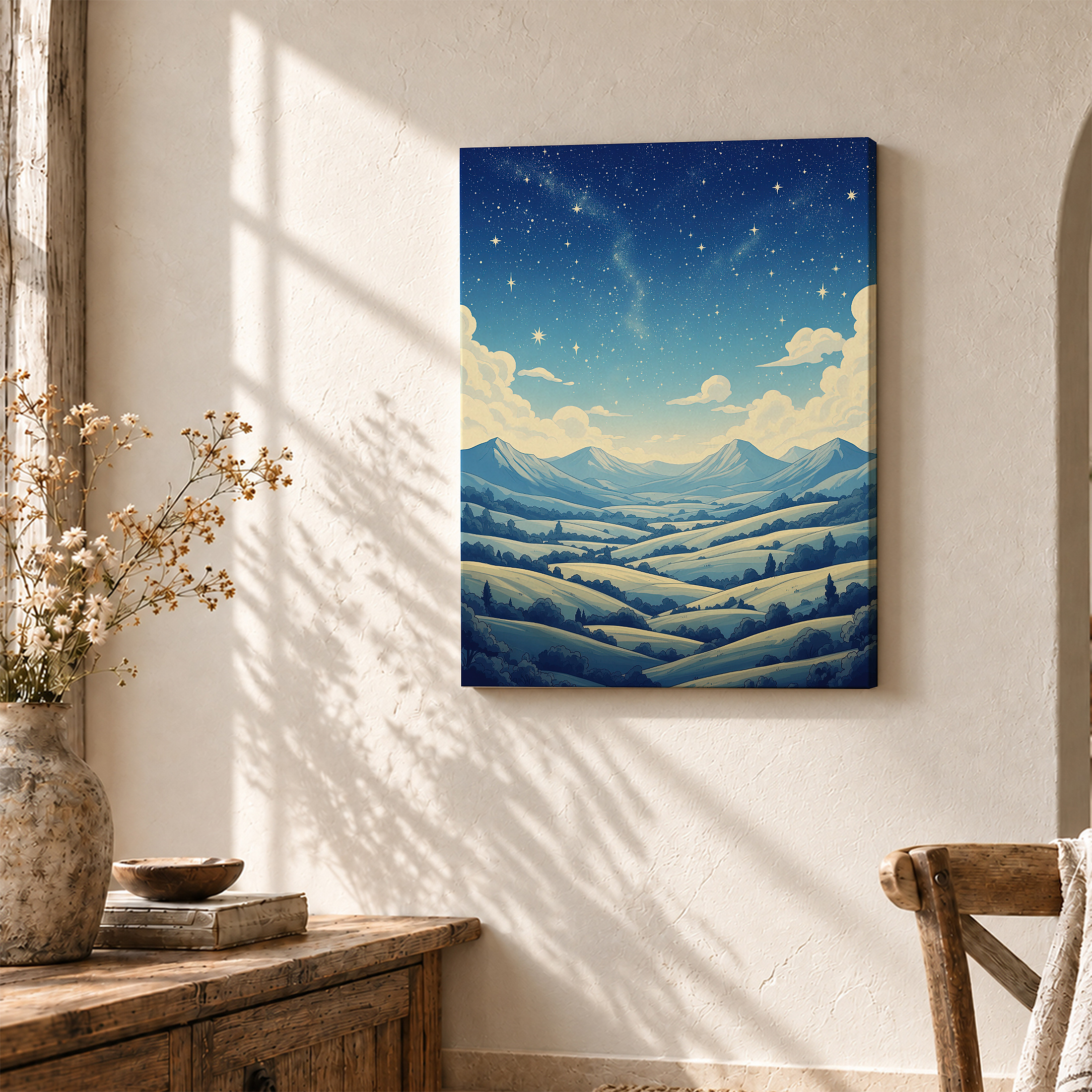 Starry Night Mountain Landscape Framed Canvas Wall Art - Ready to Hang - Image 3