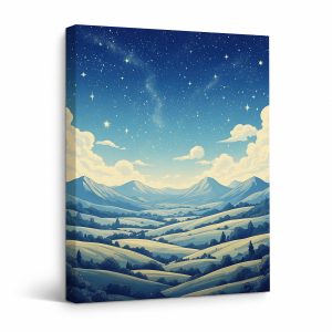 Starry Night Mountain Landscape Framed Canvas Wall Art - Ready to Hang