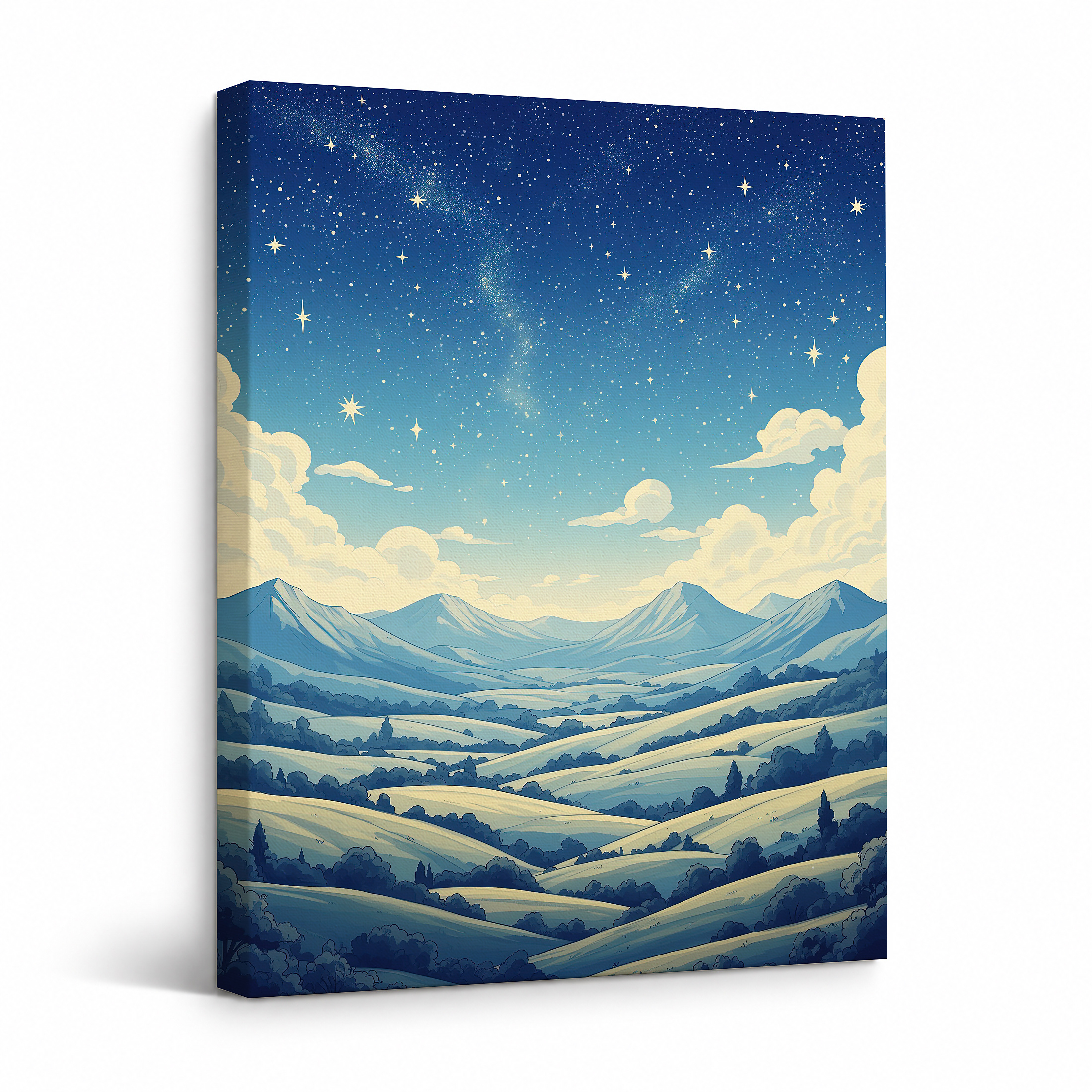 Starry Night Mountain Landscape Framed Canvas Wall Art - Ready to Hang
